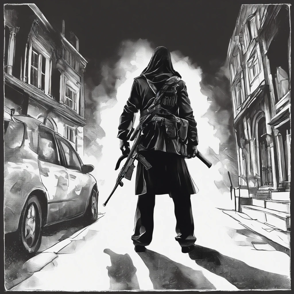 Man dressed all in black pointing to an AK47 in each hand to the camera with a black night background in the middle of the city at war, cena de guerra, retrato de alta qualidade, contra um fundo preto profundo, CSGO2, CSGO