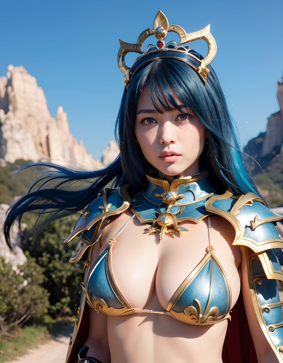 Professional , masterpiece、top-quality、photos realistic , 、top-quality、超A high resolution、(Photorealsitic:1.4)、Raw photo、depth of fields (Gemstone Gold Metal Body:1.9),(Matte White、Toostock、heavy breasts、(cleavage of the breast)、(((Micro Bikini Armor))),(Detailed Dragon Armor)、(Have the strongest weapon)、((Random Hairstyles 1.6),Dark Fantasy,)explosions、intense fighting、(Precipitous cliffs),Dragon Gold Weapon,Mystical expression、Particles of light、Fight dragons、(Detailed Dragon Helmet),Gorgeous Silver Weapons ,(( Dragon's dense and gorgeous sword)) , Beautiful knife ,warhammer 40k ,Detail and gorgeous tiaras、((Blue hair))、(Castle background)、、((Gangle's forest background))、Beautiful Caucasian beauty、1a person、dynamic ungle,(((With detailed shielding)))、Smaller head、A smile、Castle background、Thin and beautiful female hands、cleavage of the breast、Soldier in iron armor on background、Mystical expression、Light Effects、intense fighting、Wind-effect、magic circles、With the legendary magic wand、(demonic wings)、Toostock、