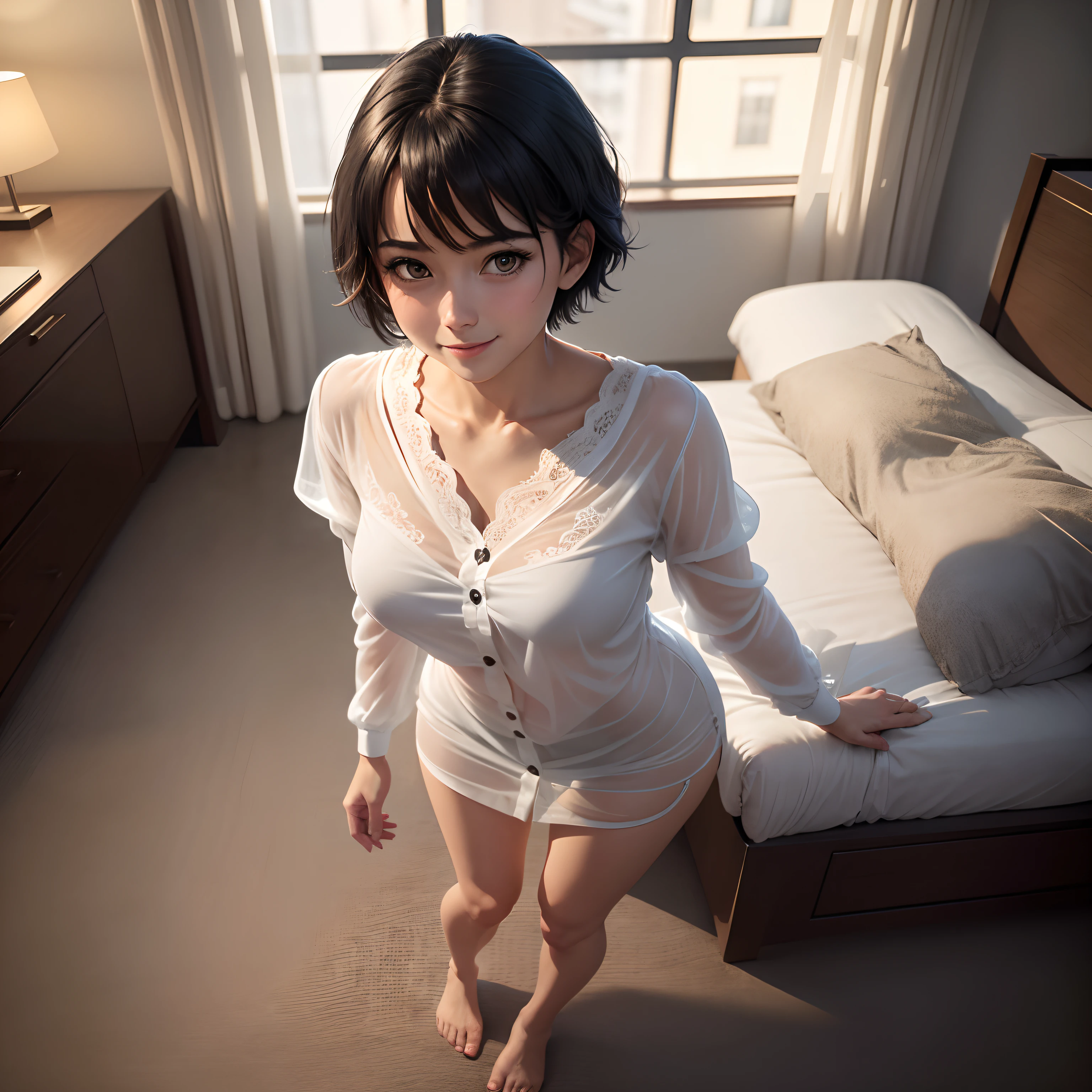 (8K, Best Quality, masutepiece:1.2), (Realistic, Photorealsitic:1.37), Ultra-detailed,((( 1 girl))),Solo,Beautifully detailed hotel suites,Night,Sitting,at hotel's room,(nose blush),(Smile:1.15),(Closed mouth) Small breasts,very skinny legs,Beautiful detailed eyes,(Shirt:1.1), Night, Wet, Rain,White lace, (Short hair:1.2),Floating Hair NovaFrogStyle, ((Full body)),to stand, Sexy, Cute,Short black hair,