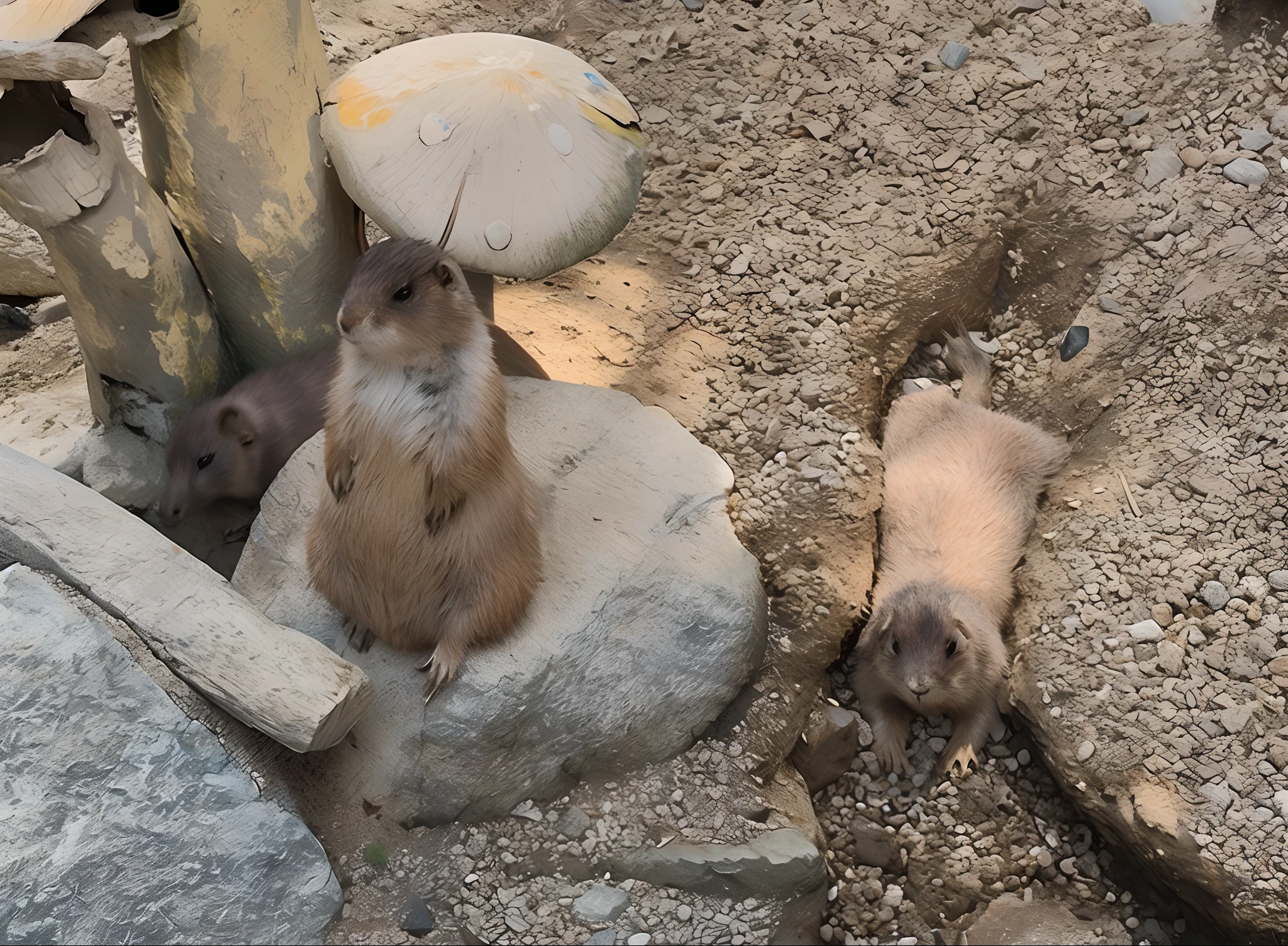 There are two small animals sitting on some rocks, The black-tailed marmot looks at the camera, laying on their back, Pose for Camera, proud look,
