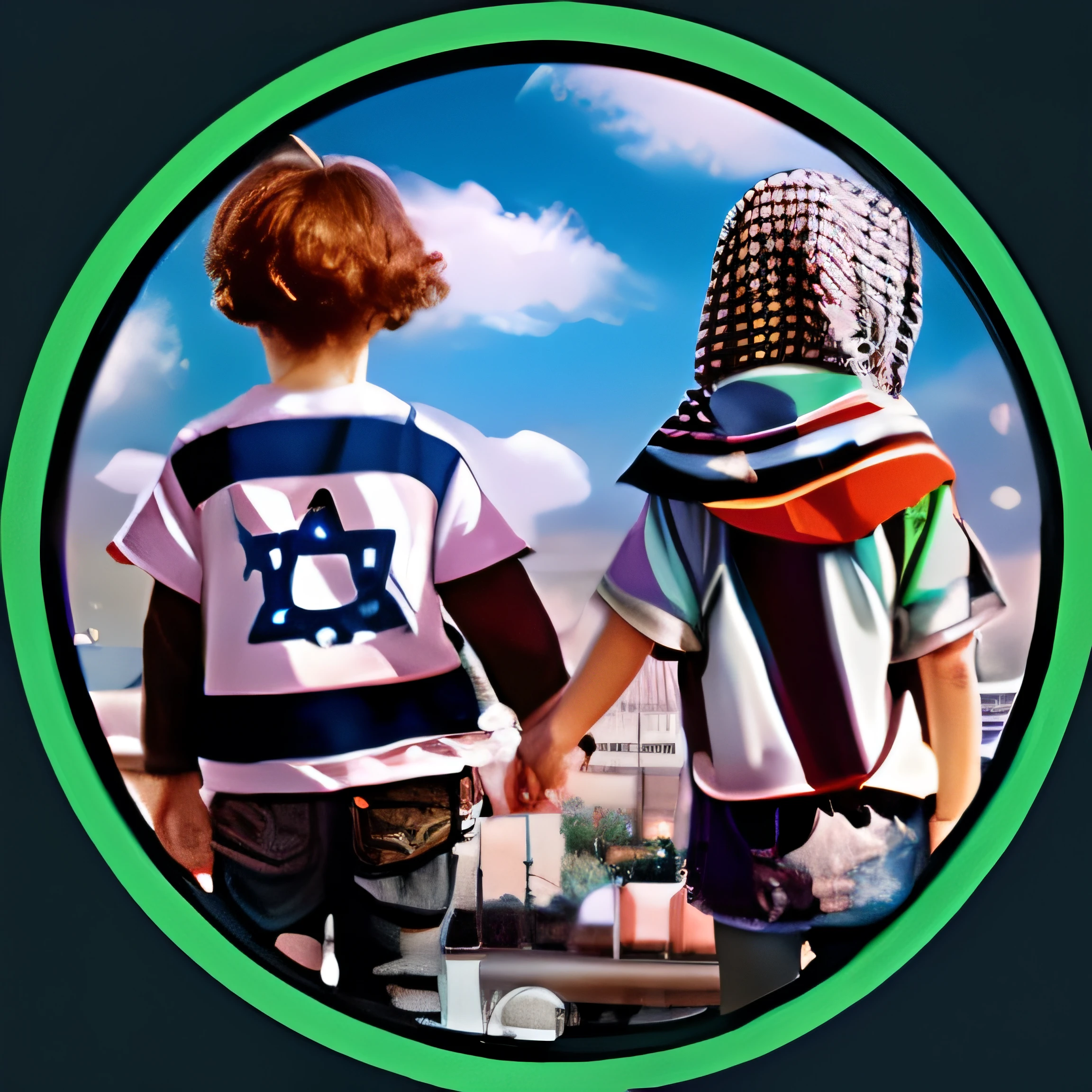 two children holding hands with a city in the background, love peace and unity, 🚿🗝📝, 🔞🤡, by Zahari Zograf, hana alisa omer, by Niko Henrichon, israel, profile pic, bringing people together, by Micha Klein, by Israel Tsvaygenbaum, merged machima, accurate depiction