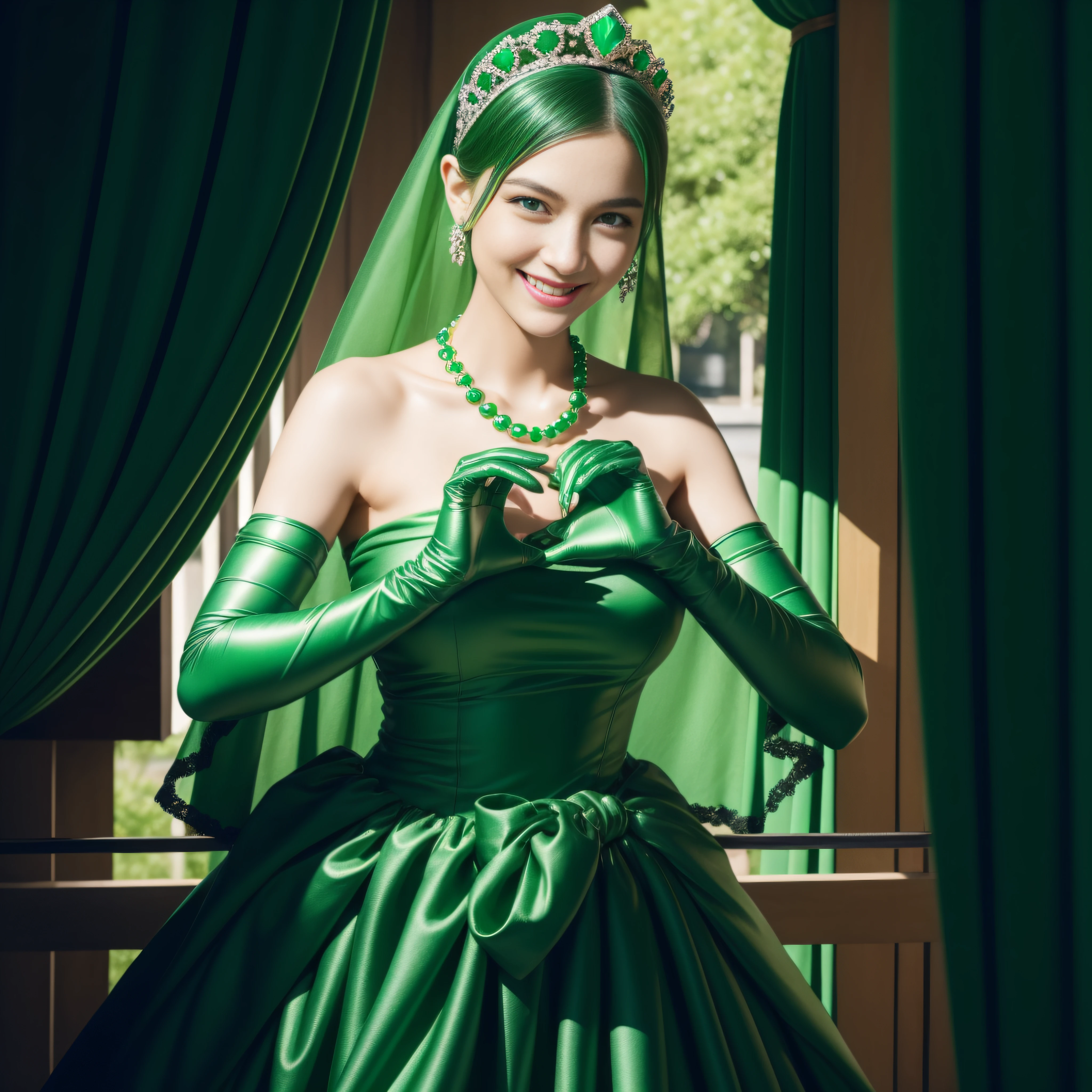 emerald tiara, Green Pearl Necklace, Boyish very short black hair, lipsticks, Japan woman smiling, very short short hair,  big breasts beautiful, Green eyes, Long green gloves made of satin material, Green eyes, Emerald Earrings, green vale, Heart with both hands