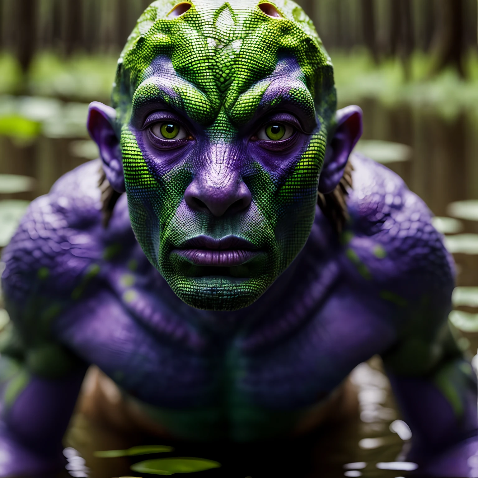 (((Masterpiece))) photo of a human-lizard hybrid, menacingly, lizard eyes, purple skin, escamas no corpo, big claws, swamp forest, high detail, 8k, ultra realistic