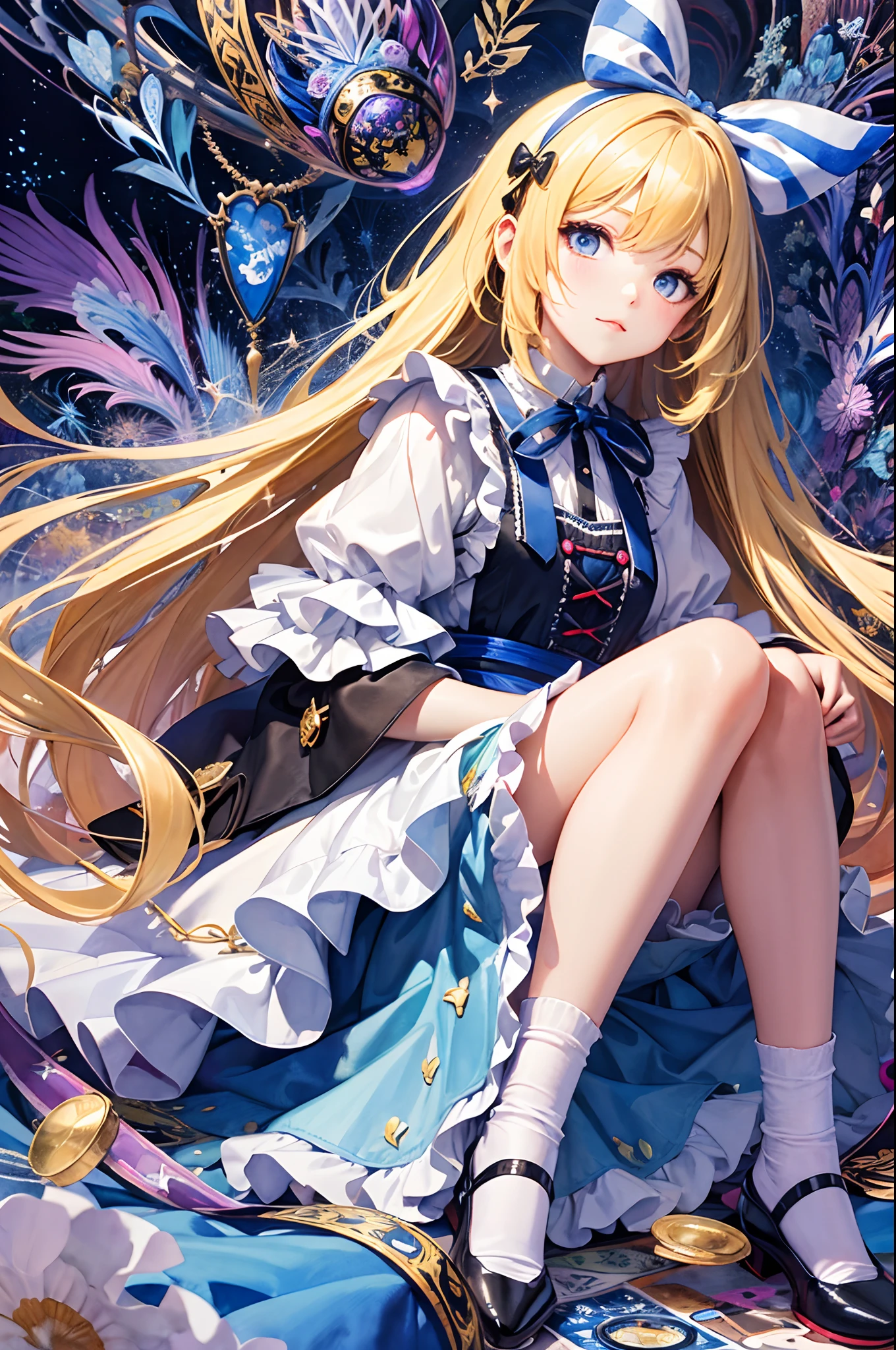 Anime girl sitting on a bed with a blue and white dress - SeaArt AI
