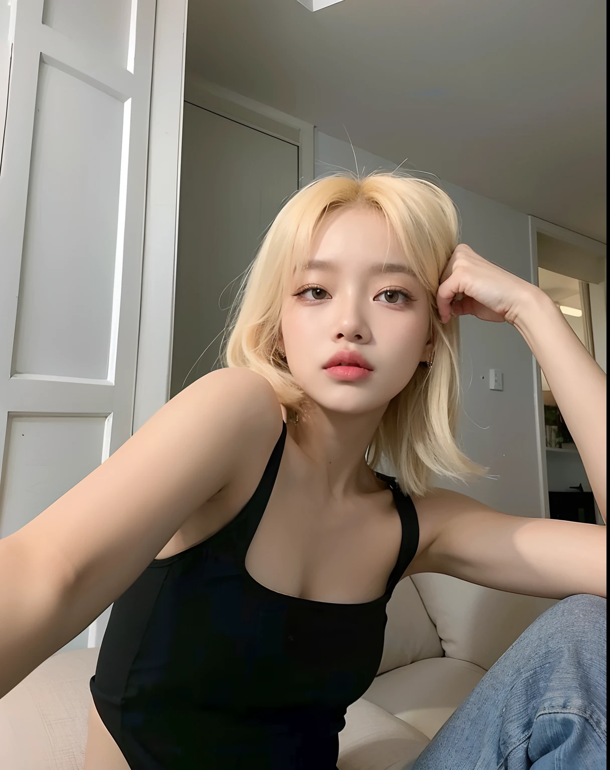 Blonde woman in black top sitting on a sofa with hand on head, Lalisa Manobal, Sun Yunjoo, Parque Roseanne de Blackpink, Hermosa joven coreana, Hermosa mujer surcoreana, Lalisa Manoban de Blackpink, Imagen filtrada, Chica coreana, Su cabello es blanco, Jossi de Blackpink, Hermosa joven coreana, Heonhwa Choe
