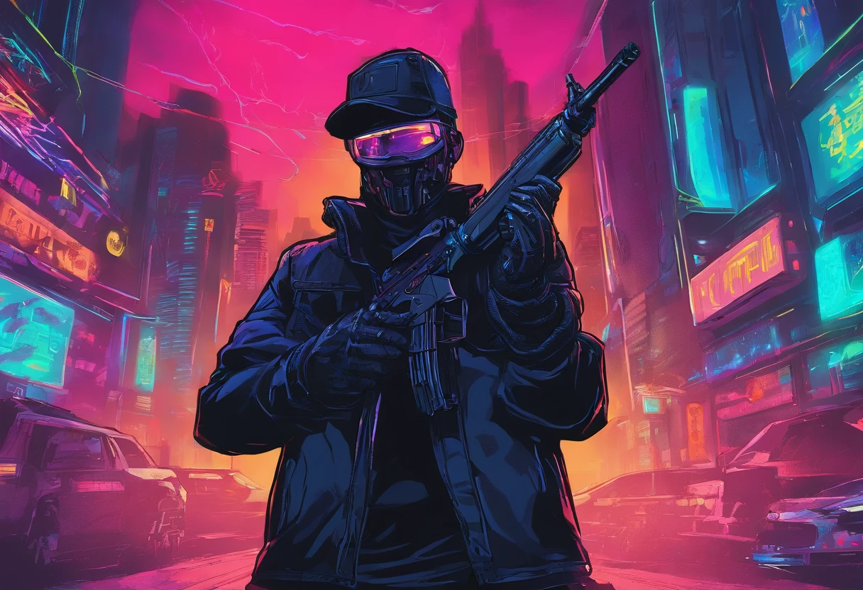 Man dressed all in black pointing to an AK47 in each hand to the camera with a black night background in the middle of the city at war, cena de guerra, retrato de alta qualidade, contra um fundo preto profundo, CSGO2, CSGO