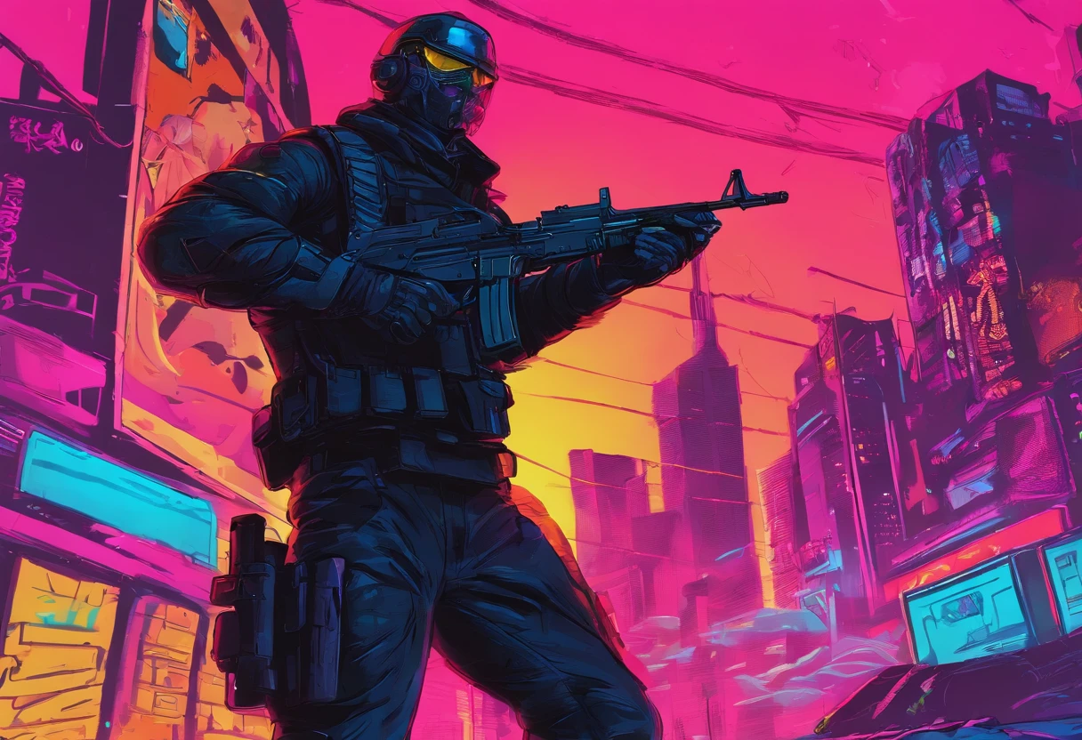 Man dressed all in black pointing to an AK47 in each hand to the camera with a black night background in the middle of the city at war, cena de guerra, retrato de alta qualidade, contra um fundo preto profundo, CSGO2, CSGO