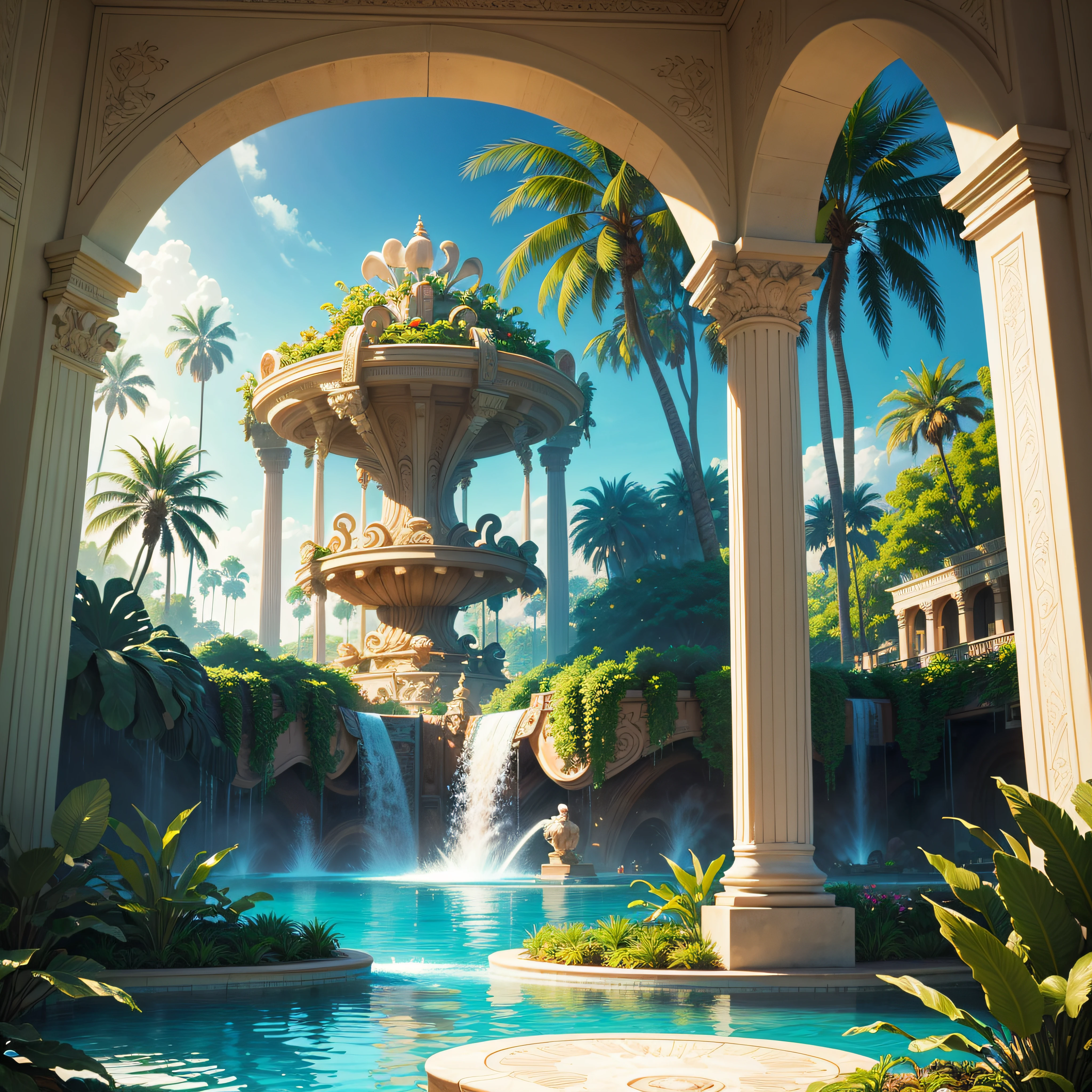 a view of a tropical garden with a fountain and palm trees, very detailed paradise, tropical pool, outdoors tropical cityscape, royal garden background, next to a tropical pool, with palm trees and columns, tropical paradise, paradise in the background, a pool inside the giant palace, fountains and arches, beautiful magical palm beach, beautiful detailed background, background art deco palace