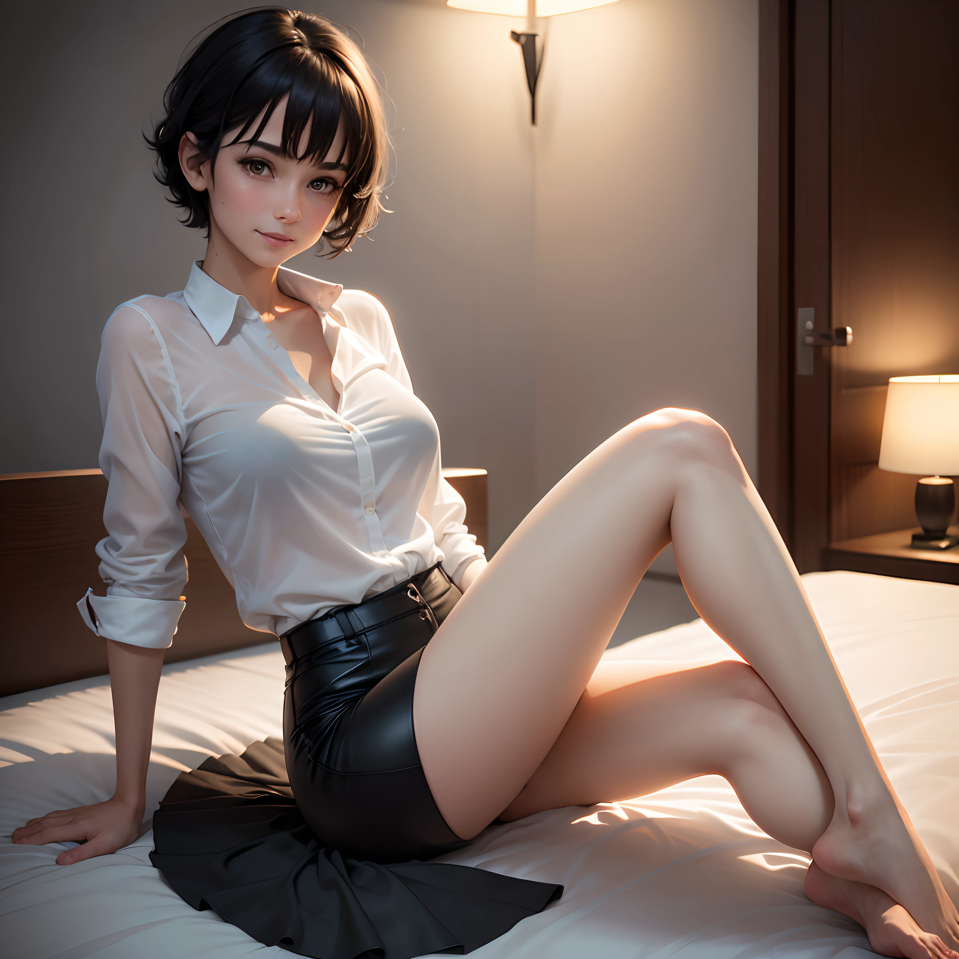 (8k, RAW photo, best quality, master:1.2), (realistic, photo-realistic:1.37), ultra detailed, 1 girl, cute, solo, beautiful detailed sky, detailed face, night, (nose blush), (smile: 1.1), big breasts, beautiful and detailed eyes, buttoned undone, (chest wrap: 1.1), pleated skirt, (short hair: 1.2), eye shadow, round face, big eyes, full body photo, bare shoulders, indoor, lying in bed, M legs