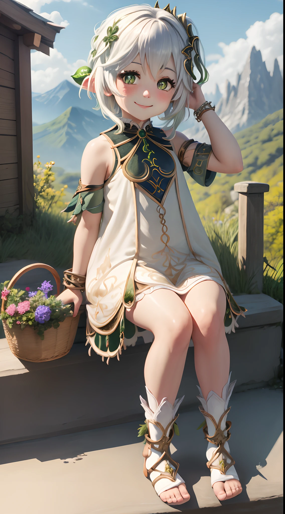 nahidadef, full body, sitting, smile, blush, outdoors, day, simple background, arm up, basket, blue sky, short hair, sky, temple, looking at viewer, sitting on stairs, mountain, moody lighting,