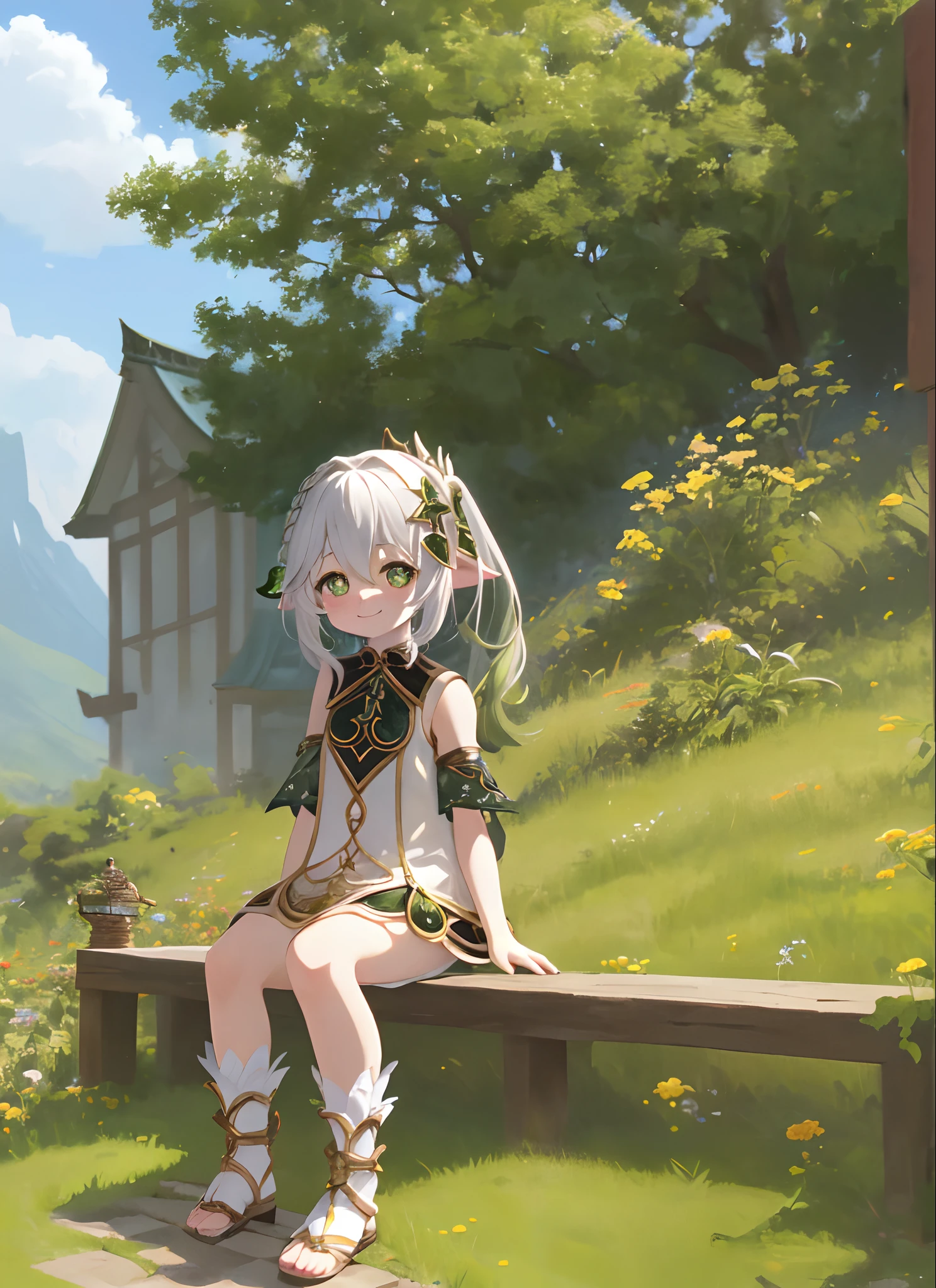 nahidadef, full body, sitting, smile, blush, outdoors, day, simple background, arm up, basket, blue sky, short hair, sky, temple, looking at viewer, sitting on stairs, mountain, moody lighting,
