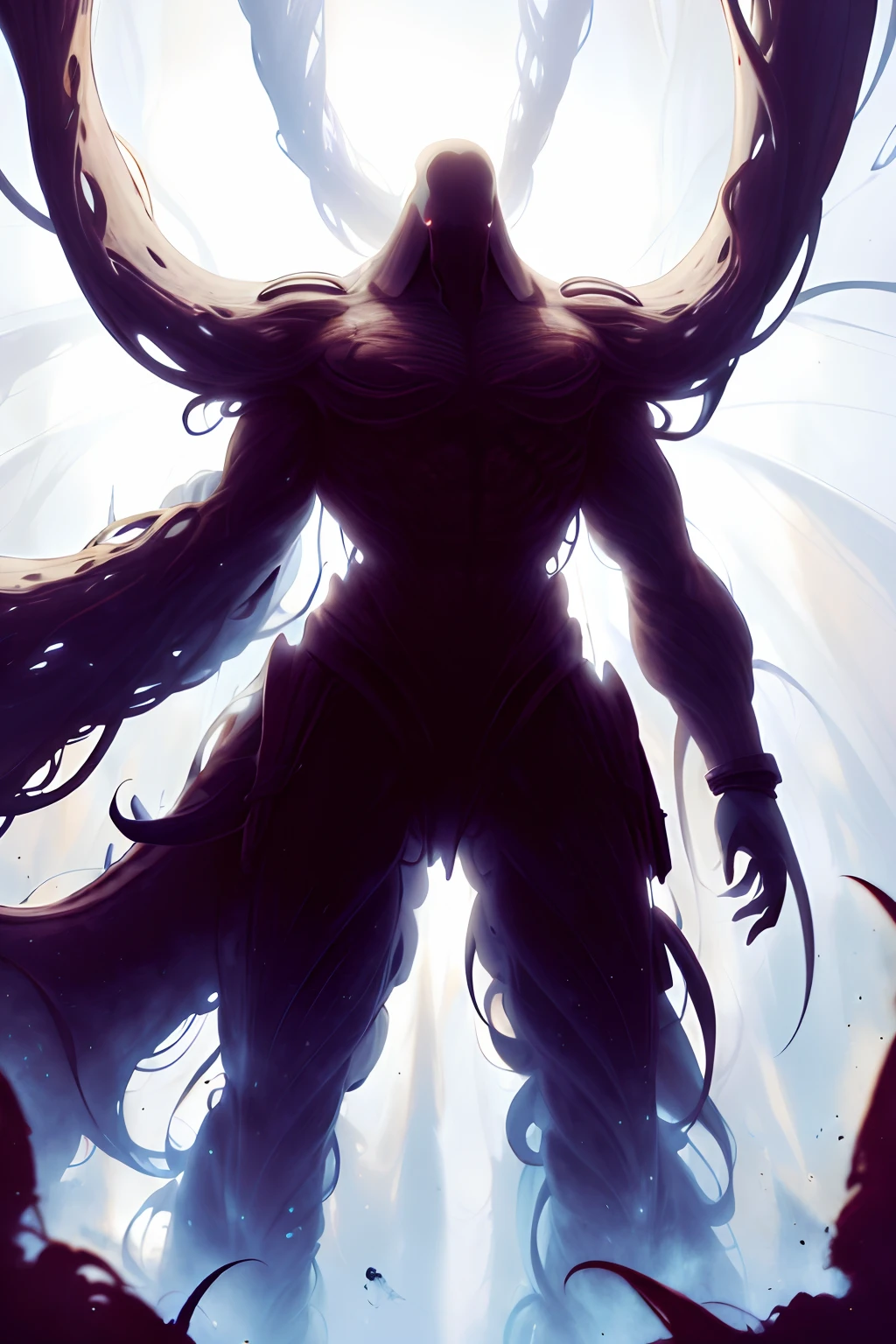 ((silhouette)), giant, (((man))), tentacles emerging from head, (((((white background))))), full body, muscular
