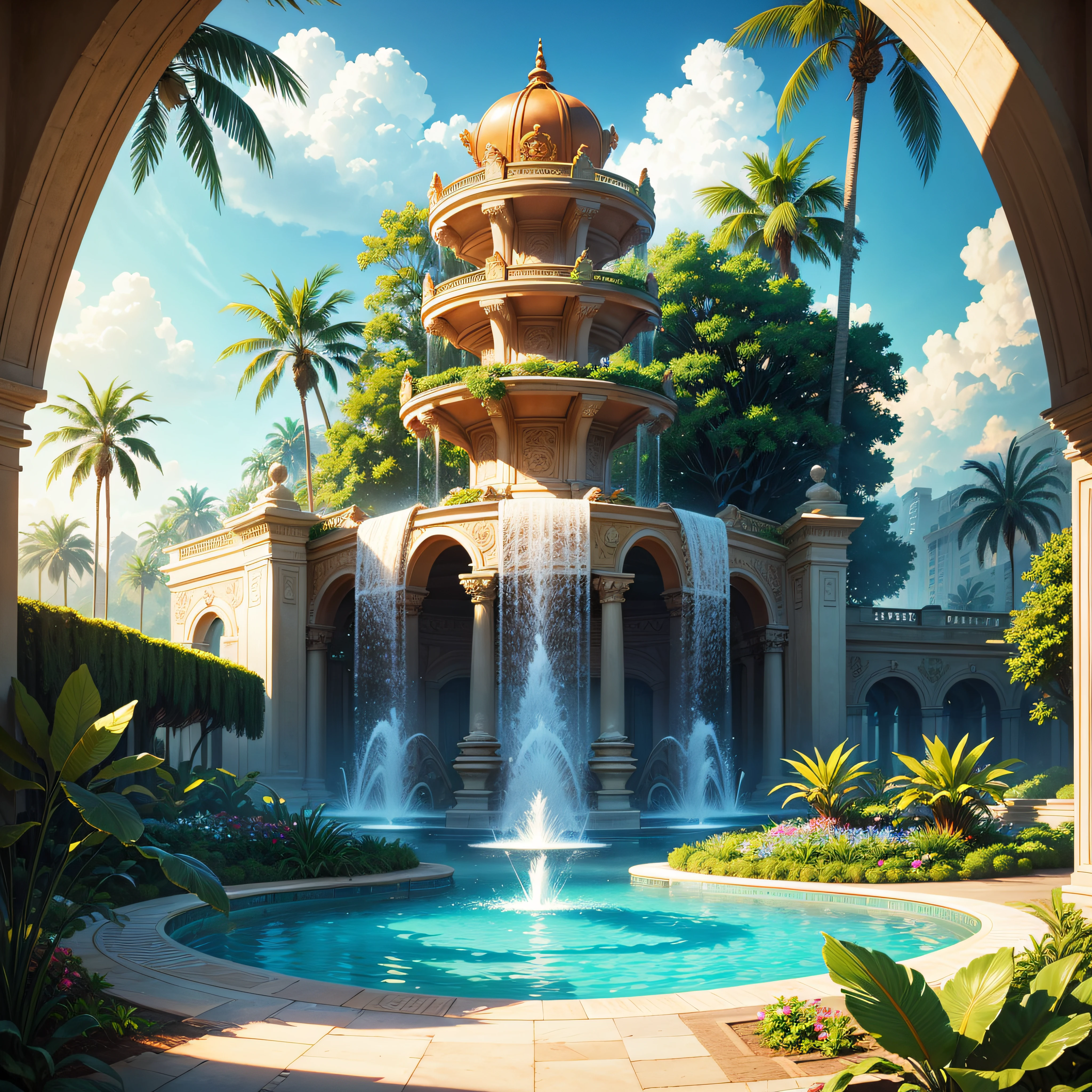a view of a tropical garden with a fountain and palm trees, very detailed paradise, tropical pool, outdoors tropical cityscape, royal garden background, next to a tropical pool, with palm trees and columns, tropical paradise, paradise in the background, a pool inside the giant palace, fountains and arches, beautiful magical palm beach, beautiful detailed background, background art deco palace