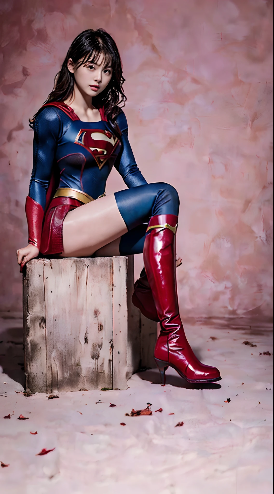 distressed look、My crotch hurts、suffering、Done、defeated、Defeated by enemies、(((Wear black tights on your beautiful legs.)))、(((Legal expression of the beauty of a smile)))、((((Make the most of the original image)))、(((Supergirl Costume)))、(((Beautiful short hair、hair)))、(((suffering)))、(((Feet must necessarily be worn with black tights)))、(((You need to wear red boots)))、((Highest image quality、8K))、((highest quality、8K、masterpiece:1.3))、(((keep background )))、clear focus:1.2、beautiful woman with perfect figure:1.4、thin abs:1.2、wet body:1.5、Highly detailed face and skin texture、8K