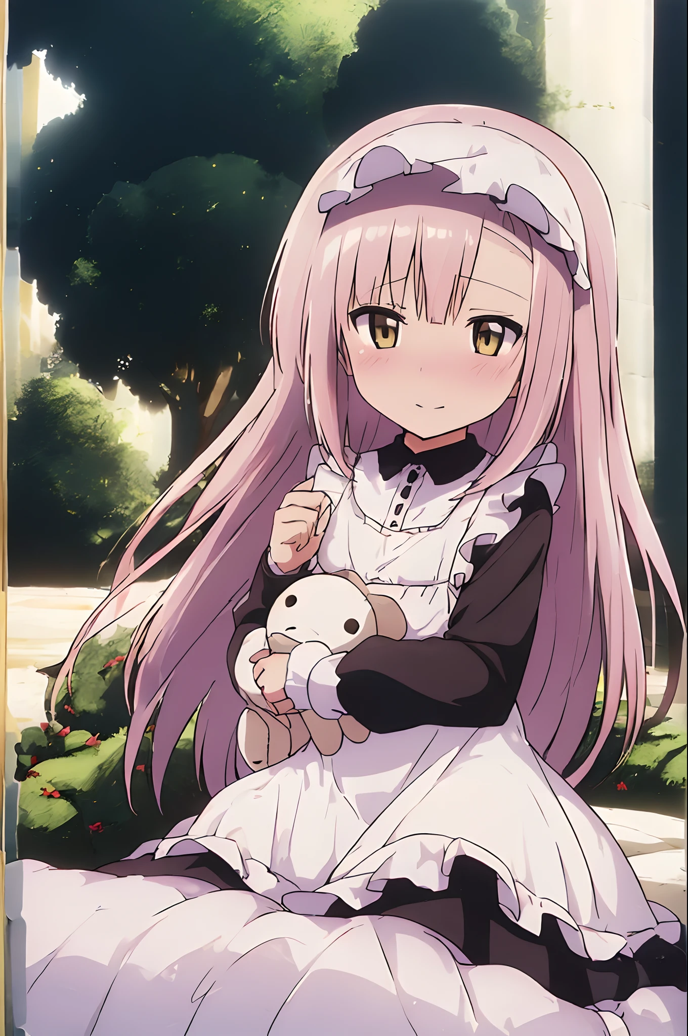 (NSFW:0.9),(:1.4), solo, full body, sitting, dynamic angle, white hair, flat chest, frilled, 3yo, brown hair, long hair, night, starry sky, dark, sleepy, want to sleep, animal ears hood, holding teddy bear, covered breasts,shy, blush,A young girl in pajamas holding a large stuffed animal, with a shy expression on her face, in a bedroom setting, The composition should exude a blend of sensuality and innocence, The background should be visually captivating,