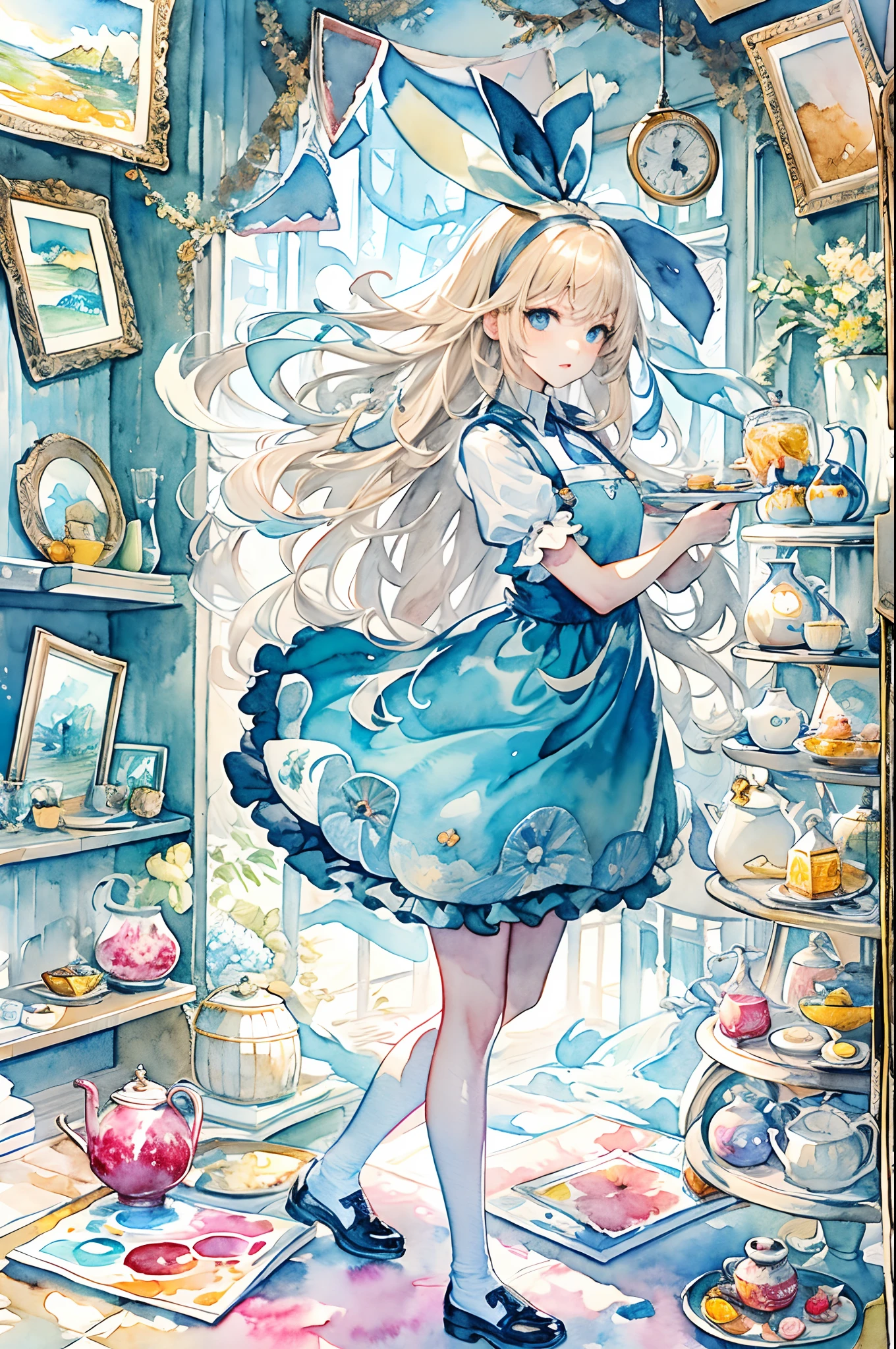 (masuter piece、top-quality、watercolor paiting、Mystical、Beautifully Aesthetic、offcial art、Impresionismo、von gogh:1.2)、(1 girl in:1.3)、(Fractal Art:1.4)、shinny skin、patterns、(alice in the wonderland:1.2)、(bunny rabbit、PlayingCards、tea cup、pocket watch:0.4)、Tie your hair with a ribbon、Blue Dress、a miniskirt、White Apron、white sock、platinum-blonde、Blue eyes、Exotic wallpapers、highly colorful、Abstract background、Fantastical