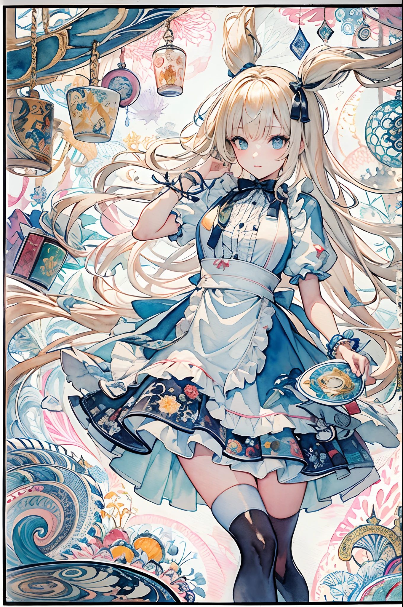 (masuter piece、top-quality、watercolor paiting、Mystical、Beautifully Aesthetic、offcial art、Impresionismo、von gogh:1.2)、(1 girl in:1.3)、(Fractal Art:1.4)、shinny skin、patterns、(alice in the wonderland:1.2)、(bunny rabbit、PlayingCards、tea cup、pocket watch:0.4)、Tie your hair with a ribbon、Blue Dress、a miniskirt、White Apron、white sock、platinum-blonde、Blue eyes、Exotic wallpapers、highly colorful、Abstract background、Fantastical