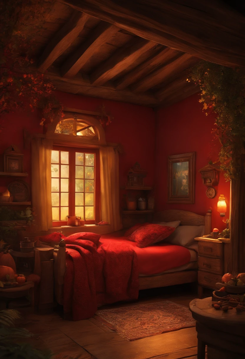 Illustration Red ridding hood interior cottage,with a bed,a open door, autumn night