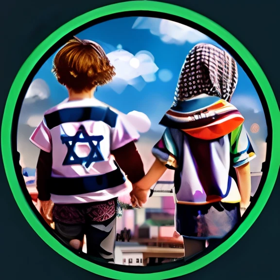 two children holding hands with a city in the background, love peace and unity, 🚿🗝📝, 🔞🤡, by Zahari Zograf, hana alisa omer, by Niko Henrichon, israel, profile pic, bringing people together, by Micha Klein, by Israel Tsvaygenbaum, merged machima, accurate depiction