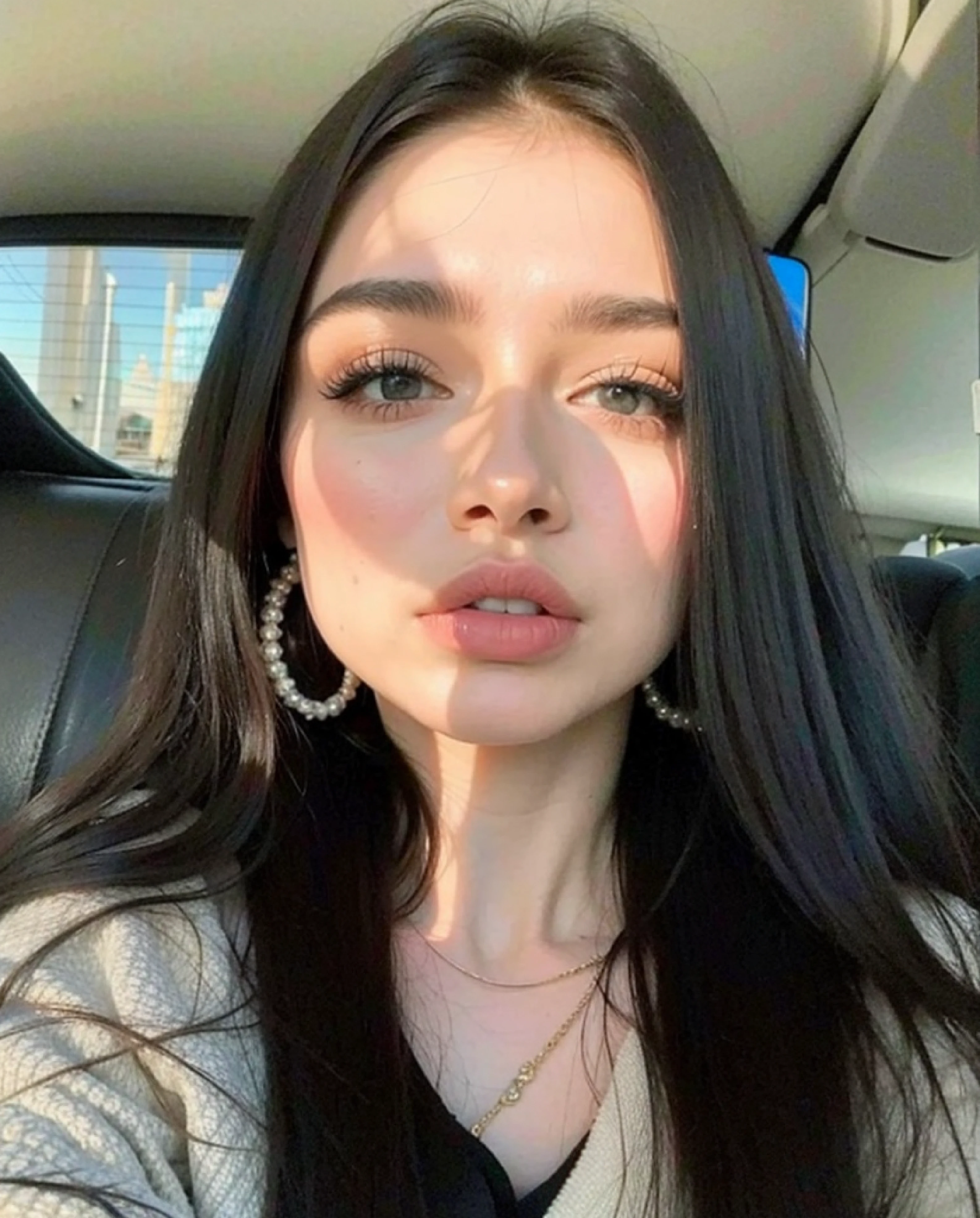 Un primer plano de una mujer con el pelo largo y un par de pendientes, 18 years old, with pale skin, pale fair skin!!, 19 year old girl, 1 6 years, pale skin and dark eyes, pale ivory skin, piel blanca muy, very pale, piel blanca muy, muy, very pale, Foto de perfil de la foto de cabeza, very pale skin