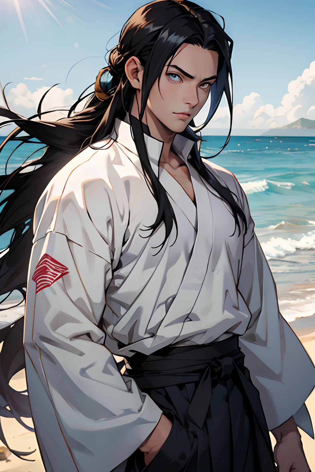 1male, hyuga neji in anime naruto shippuden, long hair , black hair, ((white light eyes)), handsome, white clothes, realistic clothes, detail clothes, beach city background, ultra detail, realistic