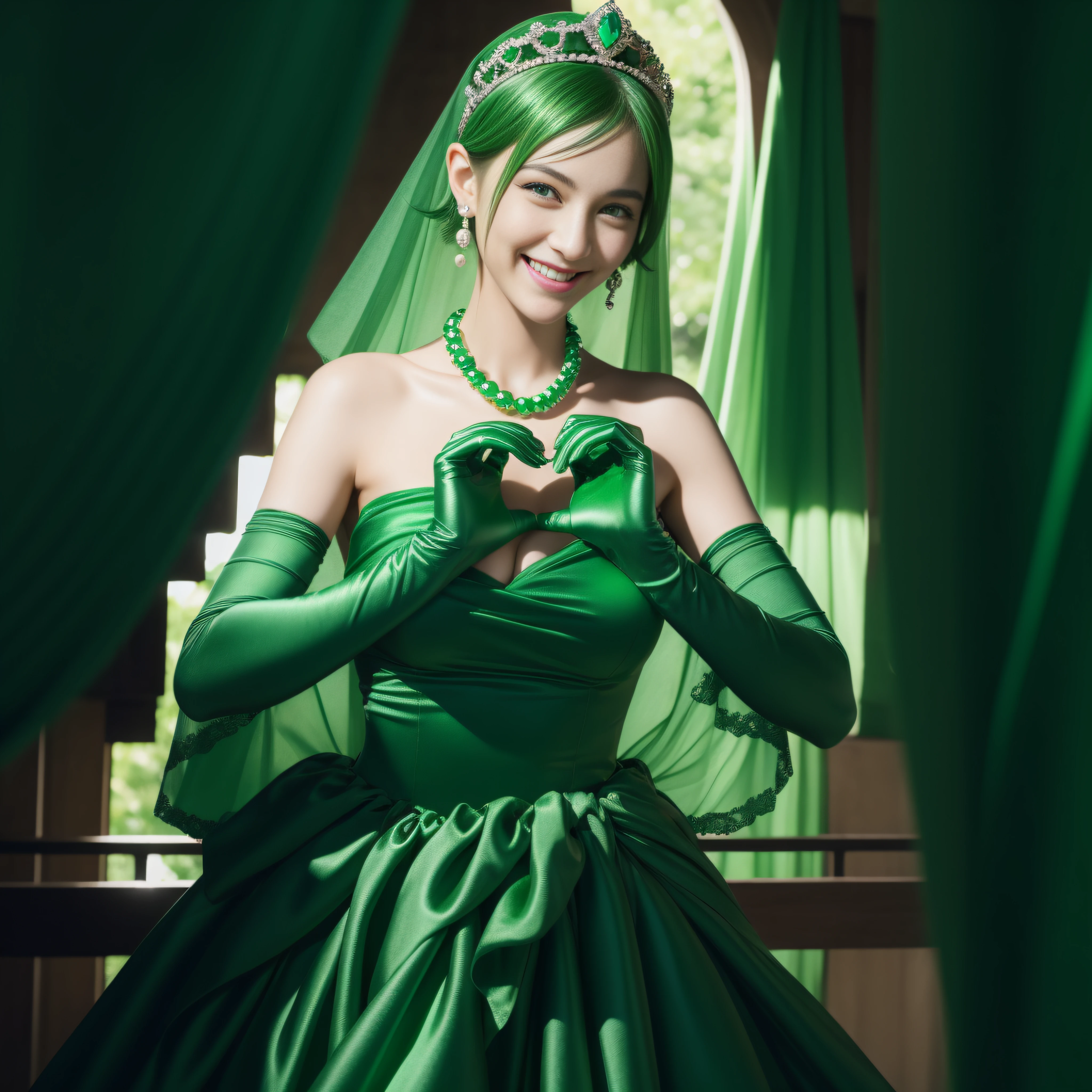 emerald tiara, Green Pearl Necklace, Boyish very short green hair, lipsticks, Japan woman smiling, very short short hair, big breasts beautiful, Green eyes, Long green gloves made of satin material, Green eyes, Emerald Earrings, green vale, Heart with both hands