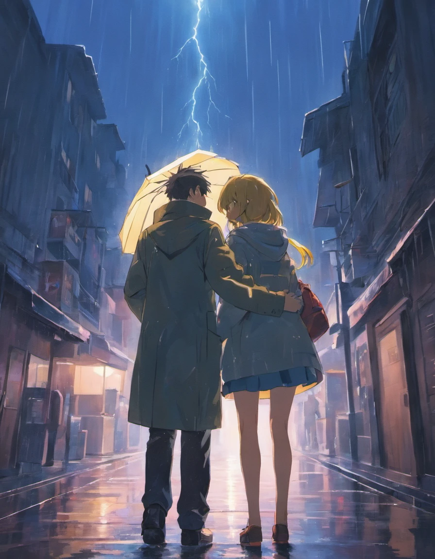 girl,under rain,One walked forward,With his head bowed,Suddenly behind a boy,Hug the girl on the back