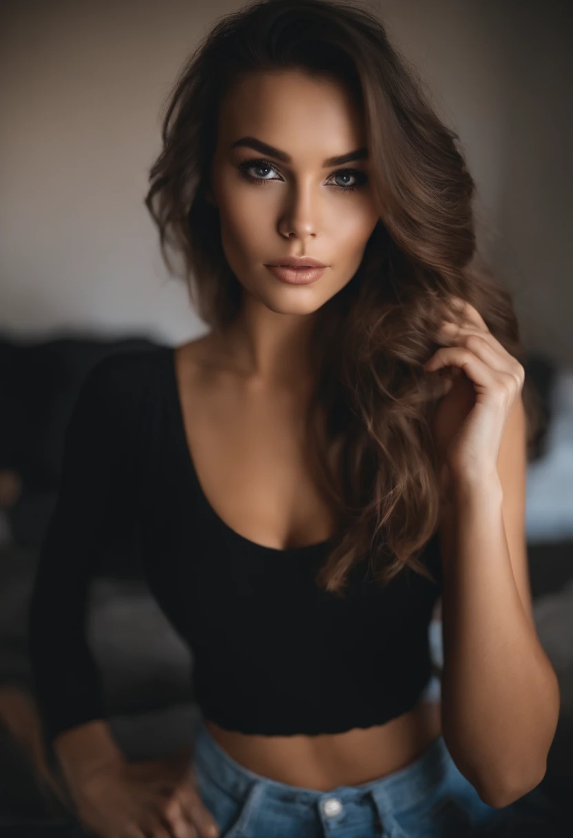 Arafed woman with matching tank top and panties, fille sexy mais pas trop aux yeux bruns, Portrait Sophie Mudd, cheveux bruns et grands yeux, selfie of a young woman, Yeux de chambre, Violet Myers, sans maquillage, maquillage naturel, looking straight at camera, Visage avec Artgram, Maquillage subtil, Superbe photo du corps entier, dans la chambre, clivage