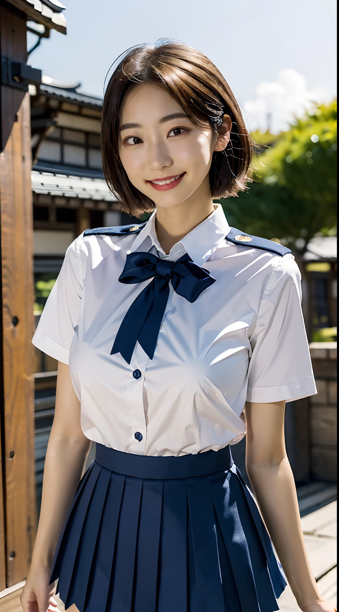 (8K, 超A high resolution, Best Quality, masutepiece:1.1),(18year old:1.1)、RAW portrait of japanese girl、Photorealsitic、超A high resolution、top-quality、hi-school girl、(Tight High School Uniforms、White Cutter Shirt、Navy Pleated Mini Skirt、quite massive chest、Pretty big breasts、toned body:1.28)(Brown hair shortcut、Japan Cute Woman:1.1)、Cute smile、lowfers、(Station platform)