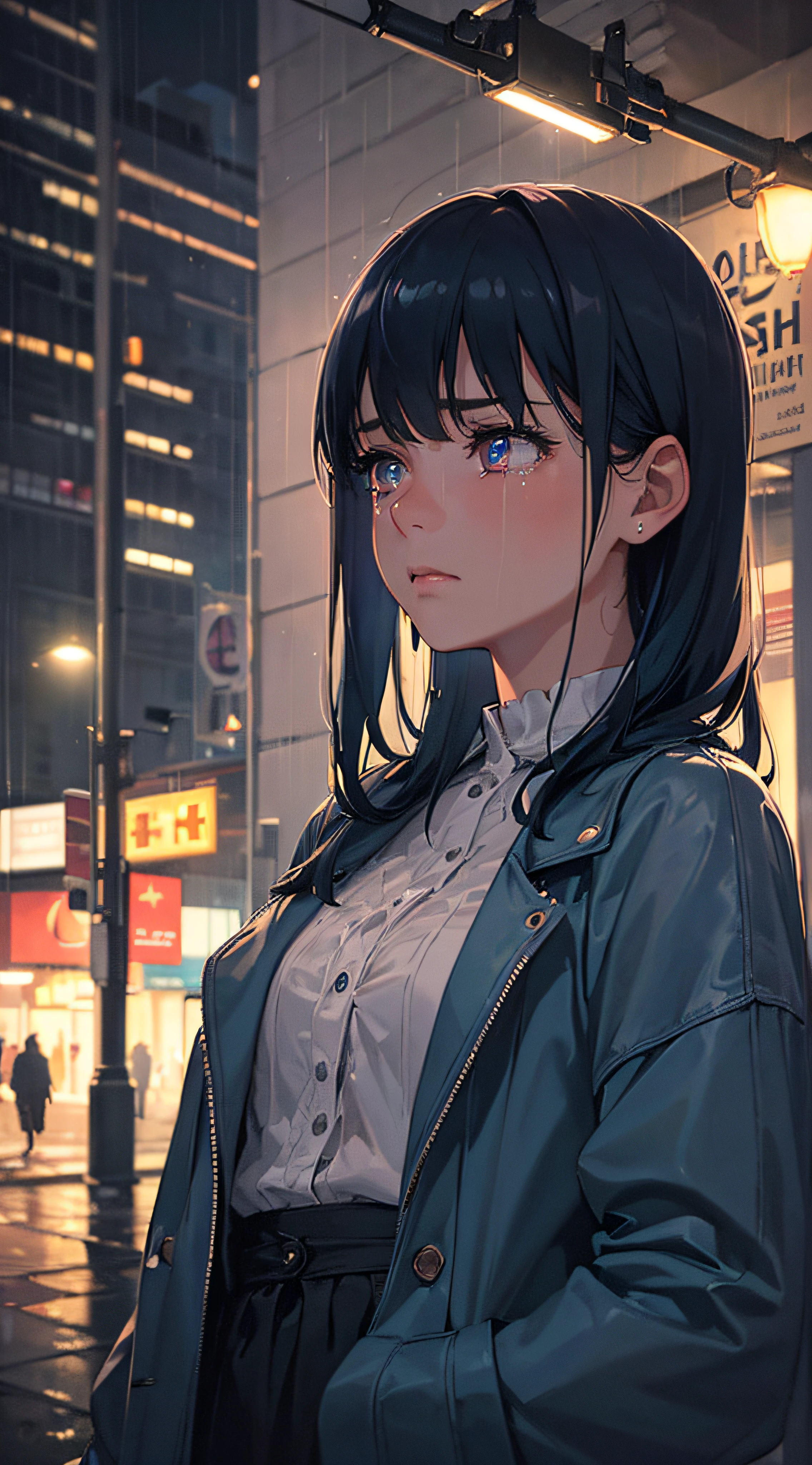 (best quality,ultra-detailed,realistic:1.37),night scene,crying girl,loneliness,blue hair,glistening tears,streetlamp light,rainy atmosphere,upward lighting,wet hair,poetic,solitude,emotional,vivid colors,urban setting,gloomy,reflective,expressive face,vulnerable,strong emotions