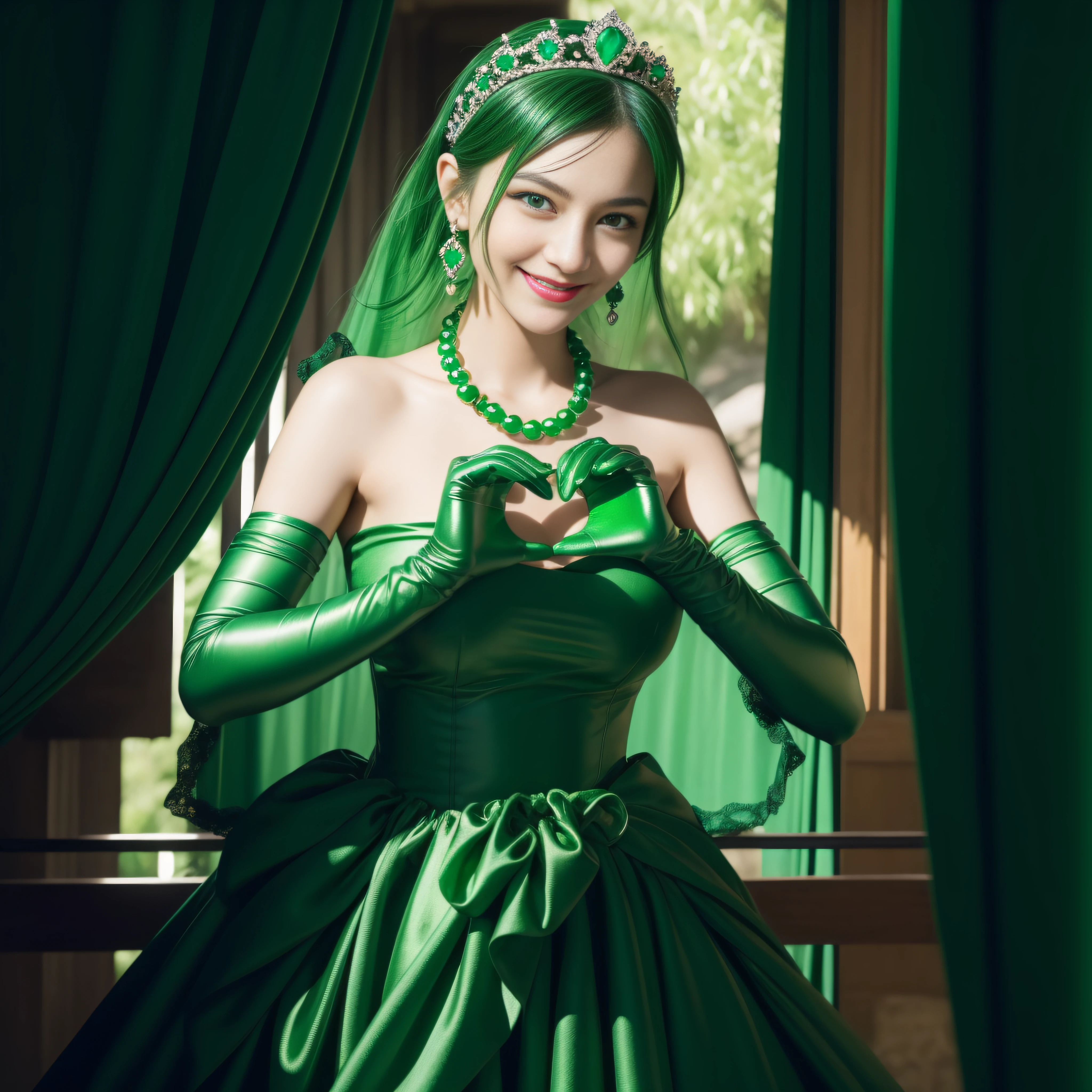 emerald tiara, Green Pearl Necklace, Boyish very short black hair, lipsticks, Japan woman smiling, very short short hair,  big breasts beautiful, Green eyes, Long green gloves made of satin material, Green eyes, Emerald Earrings, green vale, Heart with both hands