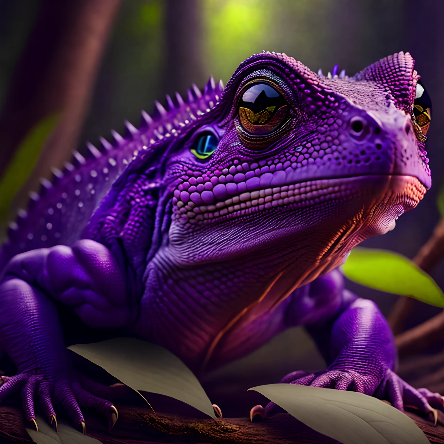 (((Masterpiece))) photo of a human-lizard hybrid, menacingly, lizard eyes, purple skin, escamas no corpo, big claws, swamp forest, high detail, 8k, ultra realistic