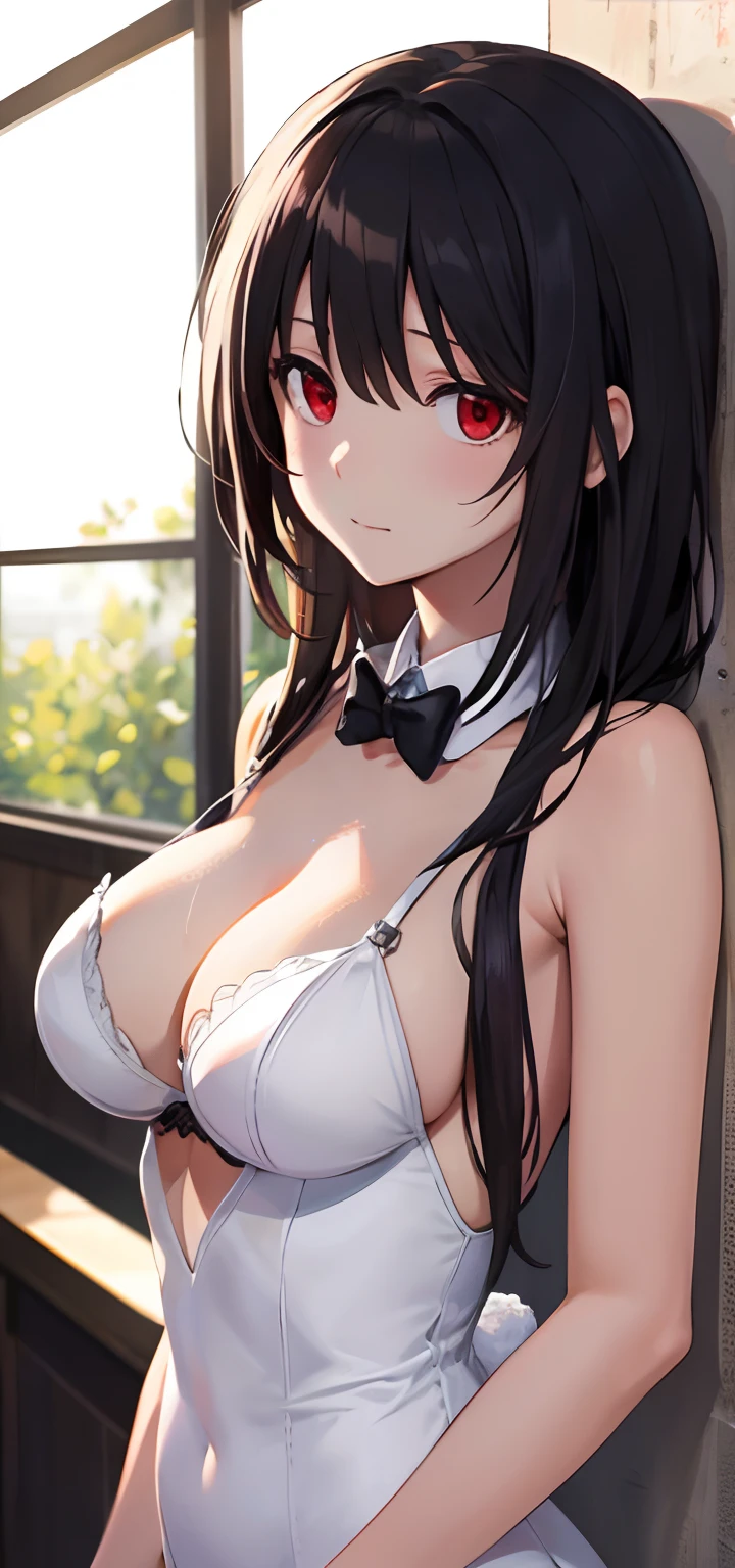 masterpiece, best quality, finely detailed, high resolution, extremely delicate and beautiful, (bunny girl), (breasts), (red eyes), (sweating)