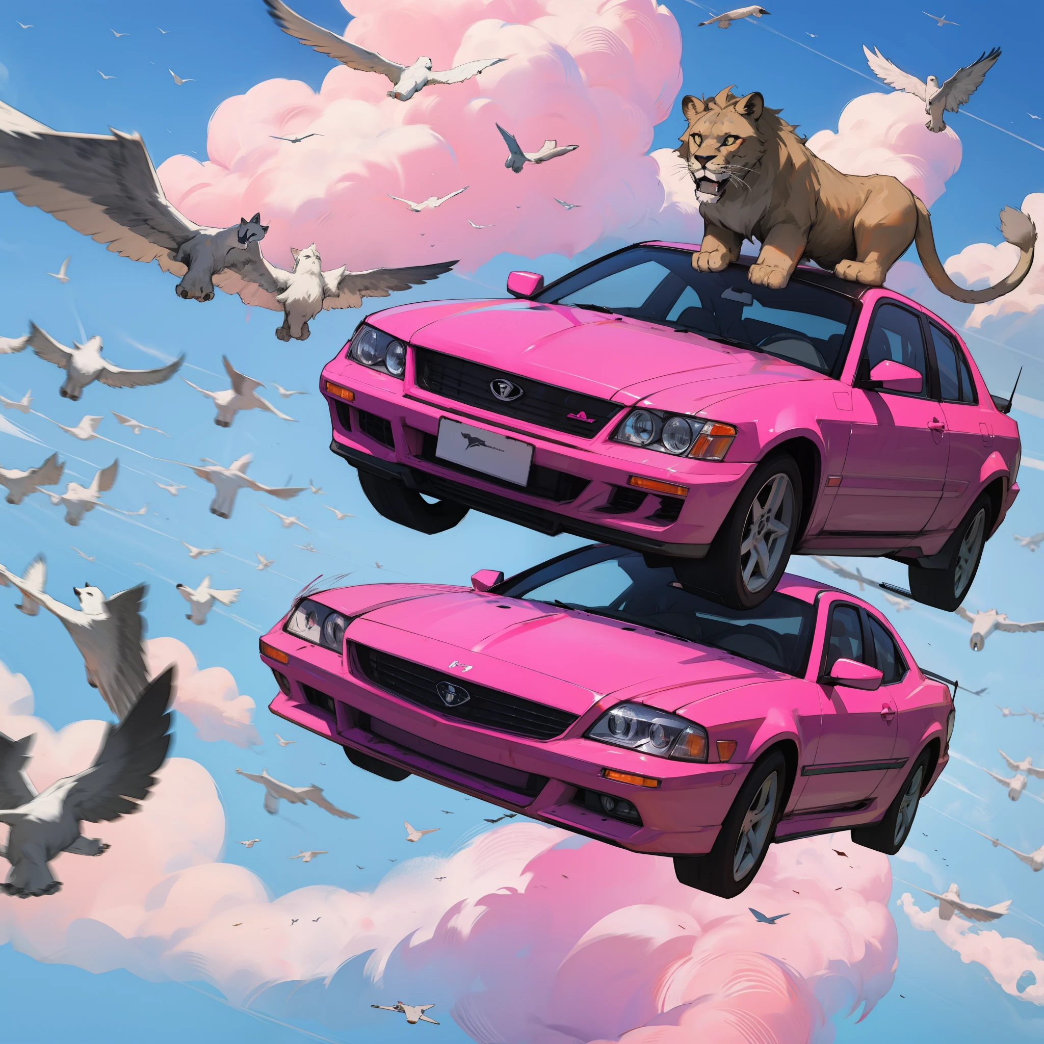 Lions flying on top of a bleeding pink car