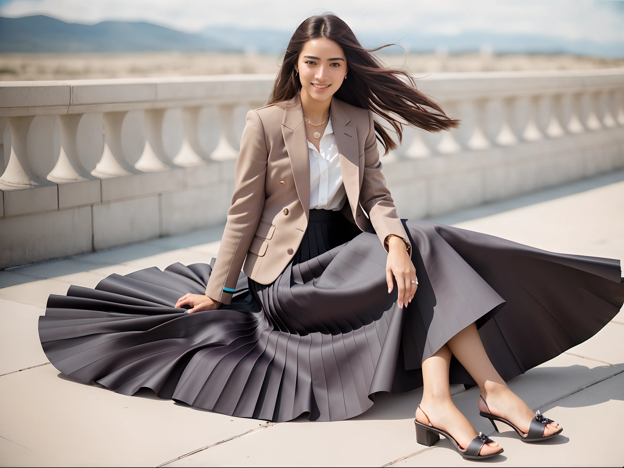 (flirty:1,7) (smiling;1,ung girl sitting and spreading her skirt around, wearing short blazer and very very detailed (long (fully pleated) full circle skirt) and (simple) low heeled office shoes, very very intricate hyper-detailed symmetric (attractive graceful young feminine face) with (sad, tired eyes and a shy smile), large breasts, full of empathy and compassion and love, (pronounced (feminine) features), (highly detailed ultra accurate realistic) hands and fingers, (windy conditions and wind blowing), epic composition, highly detailed attributes, highly detailed space station background, (35mm f1.4 Kodak portra 400 photograph), extremely high quality RAW photograph,