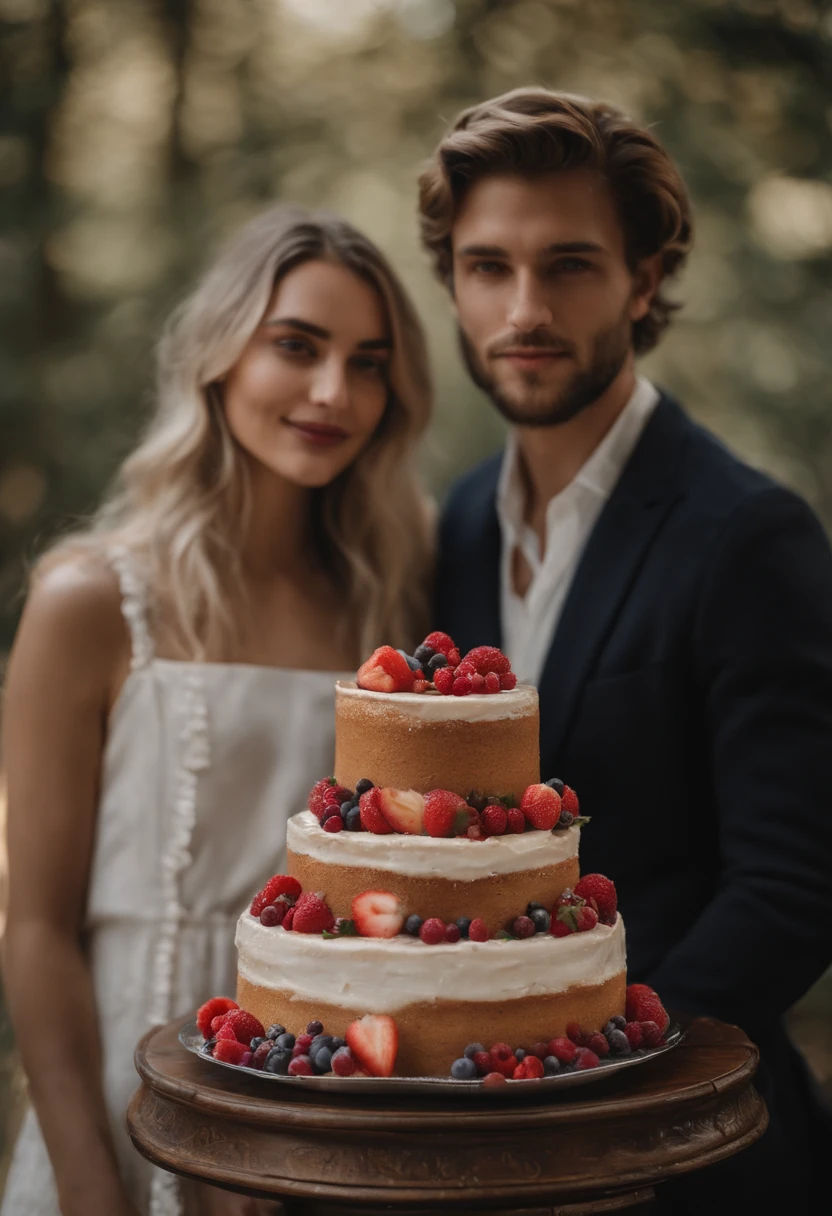 There is a woman standing next to a man holding a cake, 30-year-old french woman, taken in the early 2020s, environ 1 9 ans, environ 20 ans, Portrait Sophie Mudd, Photo prise en 2018,  very slightly smiling, Fille de 19 ans, Julia Sarda