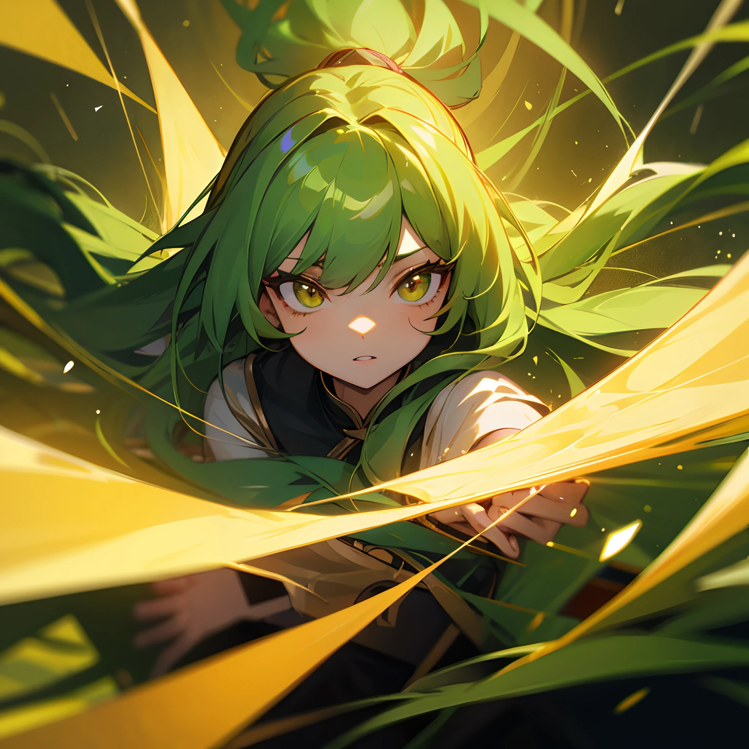 green long hair,2D Beautiful Girl,Golden pupils,鎖骨