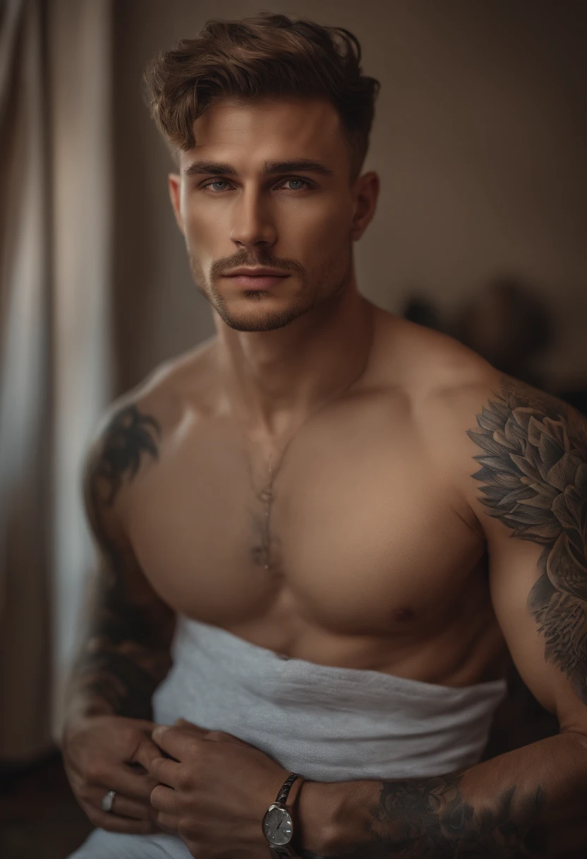 (best quality:1.2,4k,highres),(aesthetic photo,photorealistic:1.37) portrait of a handsome Czech man with piercing blue eyes and an athletic body. The man has a collection of intricate tattoos covering his arms and chest. He stands confidently, his legs slightly apart, showcasing his toned physique. He is shirtless, wearing only a pair of white underwear, which accentuates a noticeable bulge. The man is tall, exuding a commanding presence. The image is ultra-detailed, capturing every minute feature of his face and body. The portrait is extremely realistic, with lifelike textures and proportions. The artwork focuses on the man's exquisite facial features, highlighting his intense gaze and well-defined jawline. The colors in the image are vivid, immersing the viewer in a vibrant atmosphere. The warm tone creates a sense of comfort and allure. Soft lighting gently illuminates the man's face, casting subtle shadows and adding depth to the image.