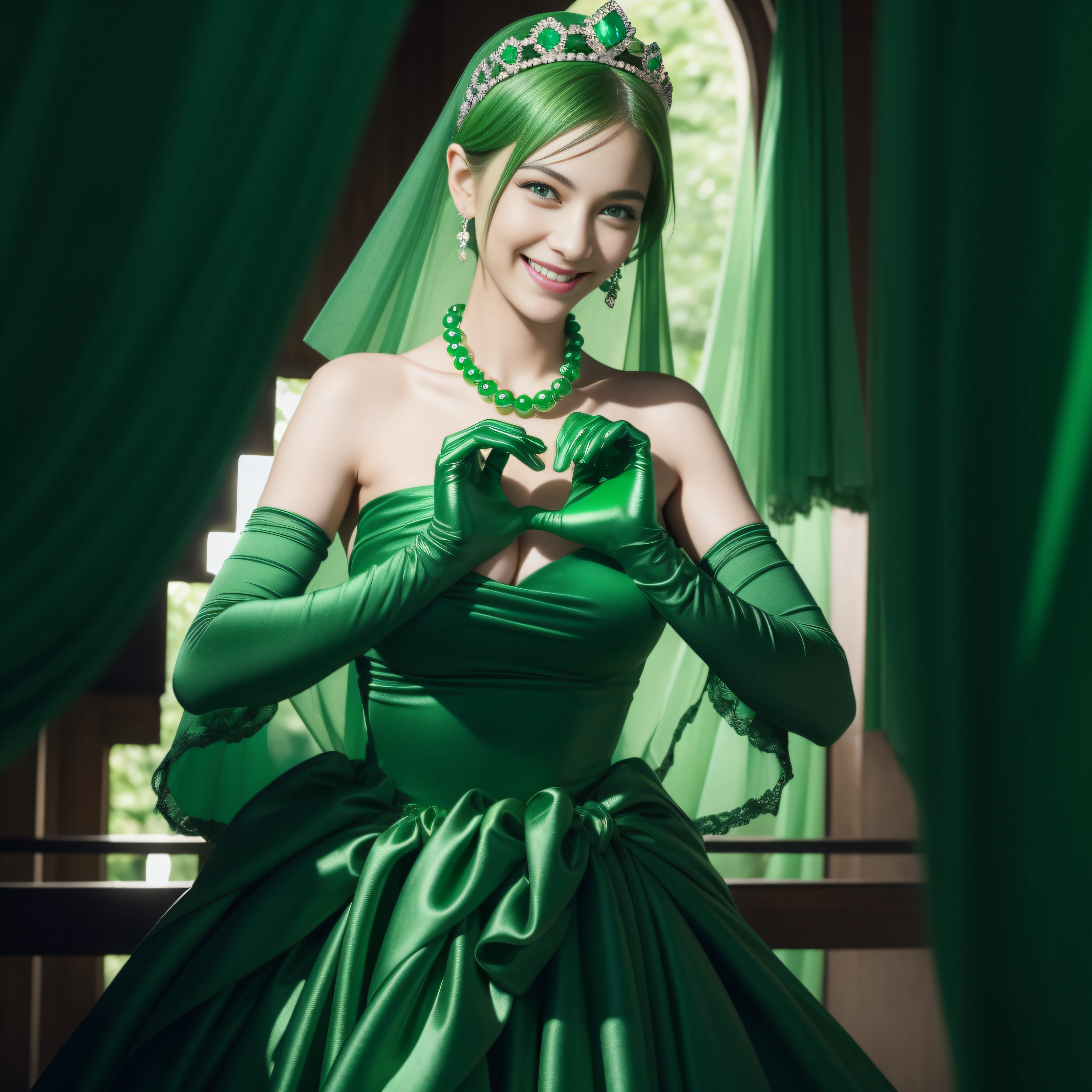 emerald tiara, Green Pearl Necklace, Boyish very short green hair, lipsticks, Japan woman smiling, very short short hair,  big breasts beautiful, Green eyes, Long green gloves made of satin material, Green eyes, Emerald Earrings, green vale, Heart with both hands