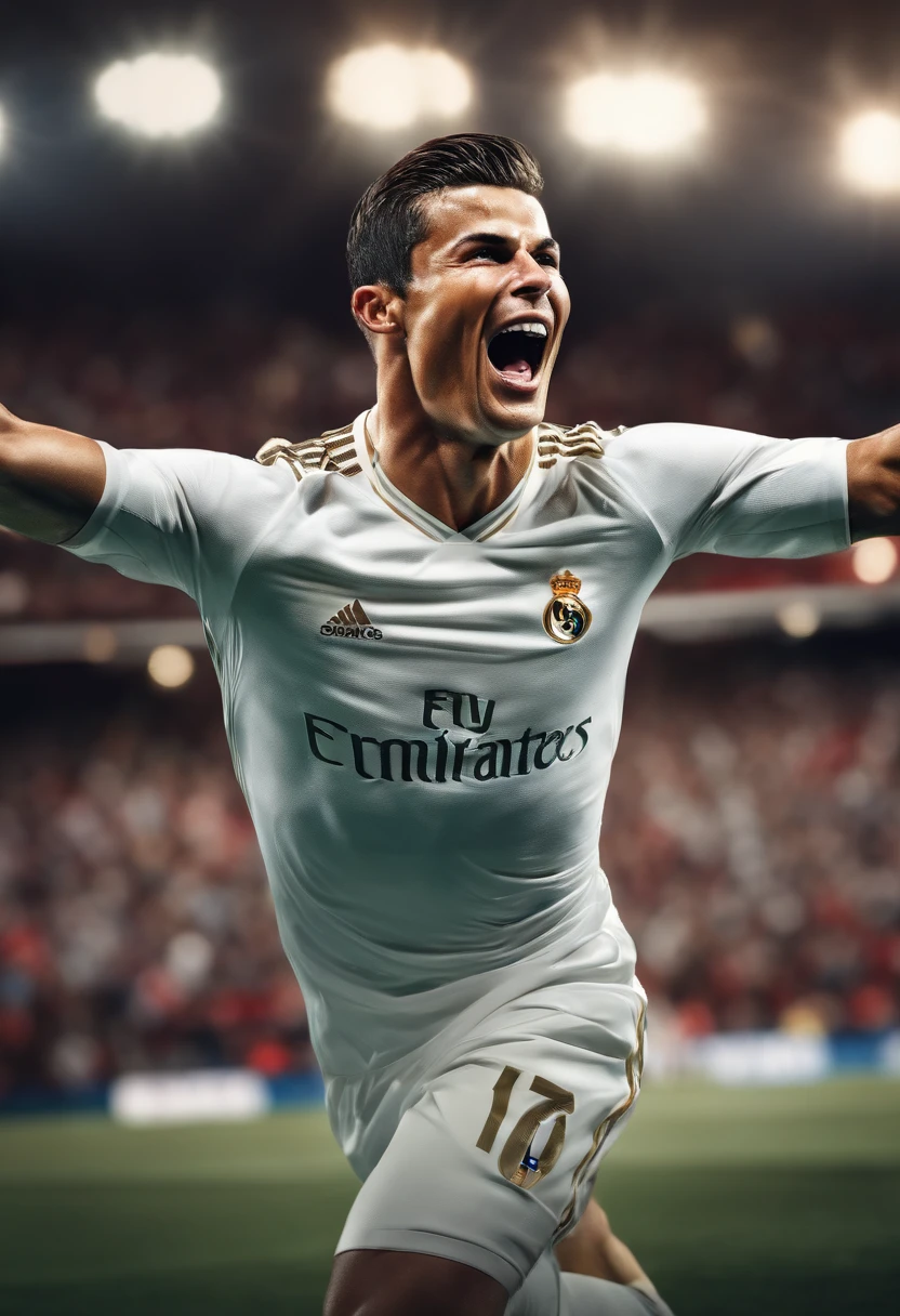 Photorealistic, 64K, A realistic christiano ronaldo [wearing real madrid soccer jersey number 7 ], standing up celebrating his goal, perfect fingers