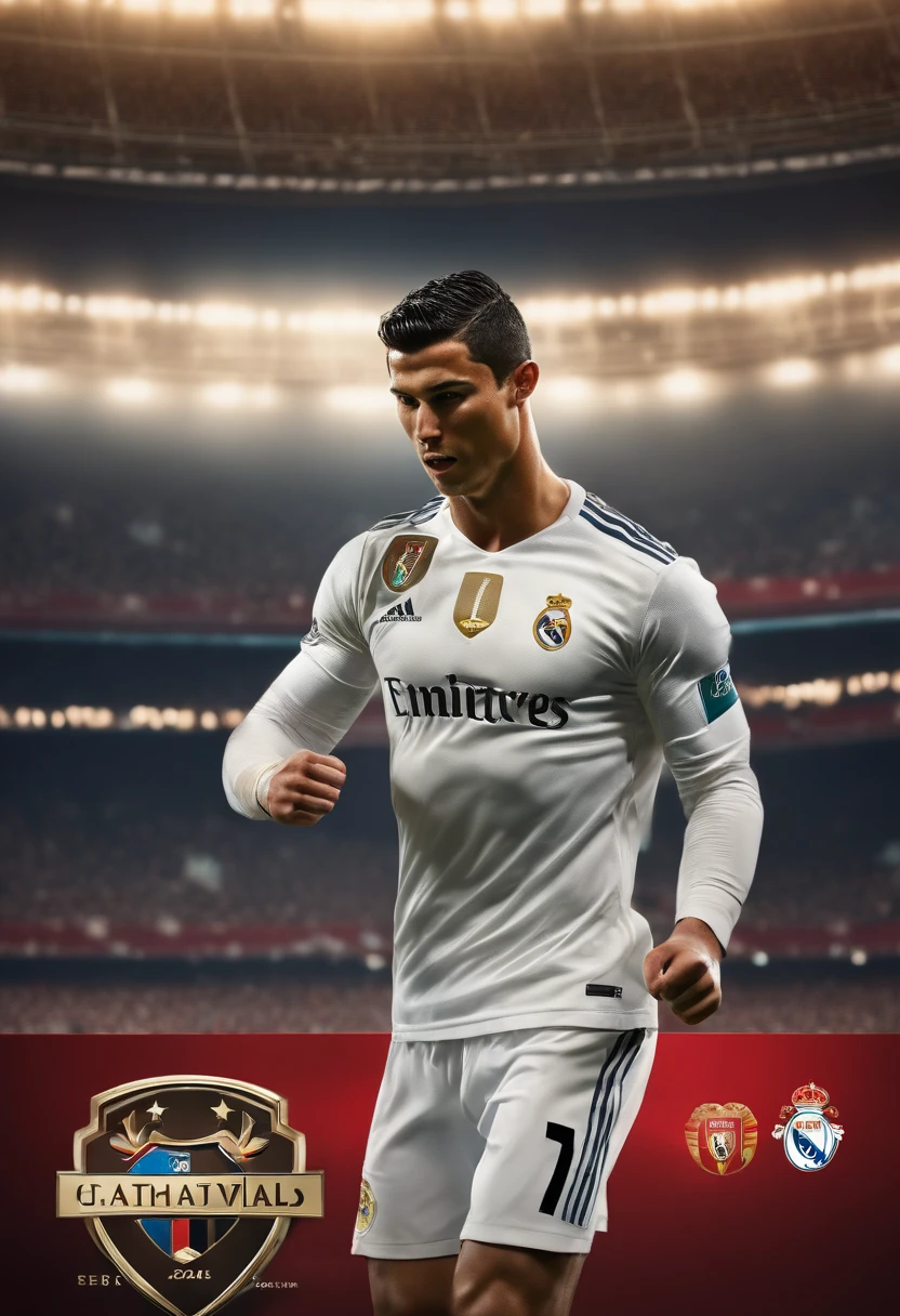 best quality, 8k ultra-detailed, masterpiece:1.2, portrait, Cristiano Ronaldo, vivid colors, realistic lighting, professional, soccer star, intense expression, muscular physique, national team jersey, intense competition, stadium, flying ball, sweaty forehead, determined eyes, iconic celebration, dynamic pose, powerful kick, football match, passionate fans, roaring crowd, cheering audience, dramatic atmosphere, adrenaline rush, victory celebration, intense rivalries, global recognition, sportsmanship, dedication, hard work