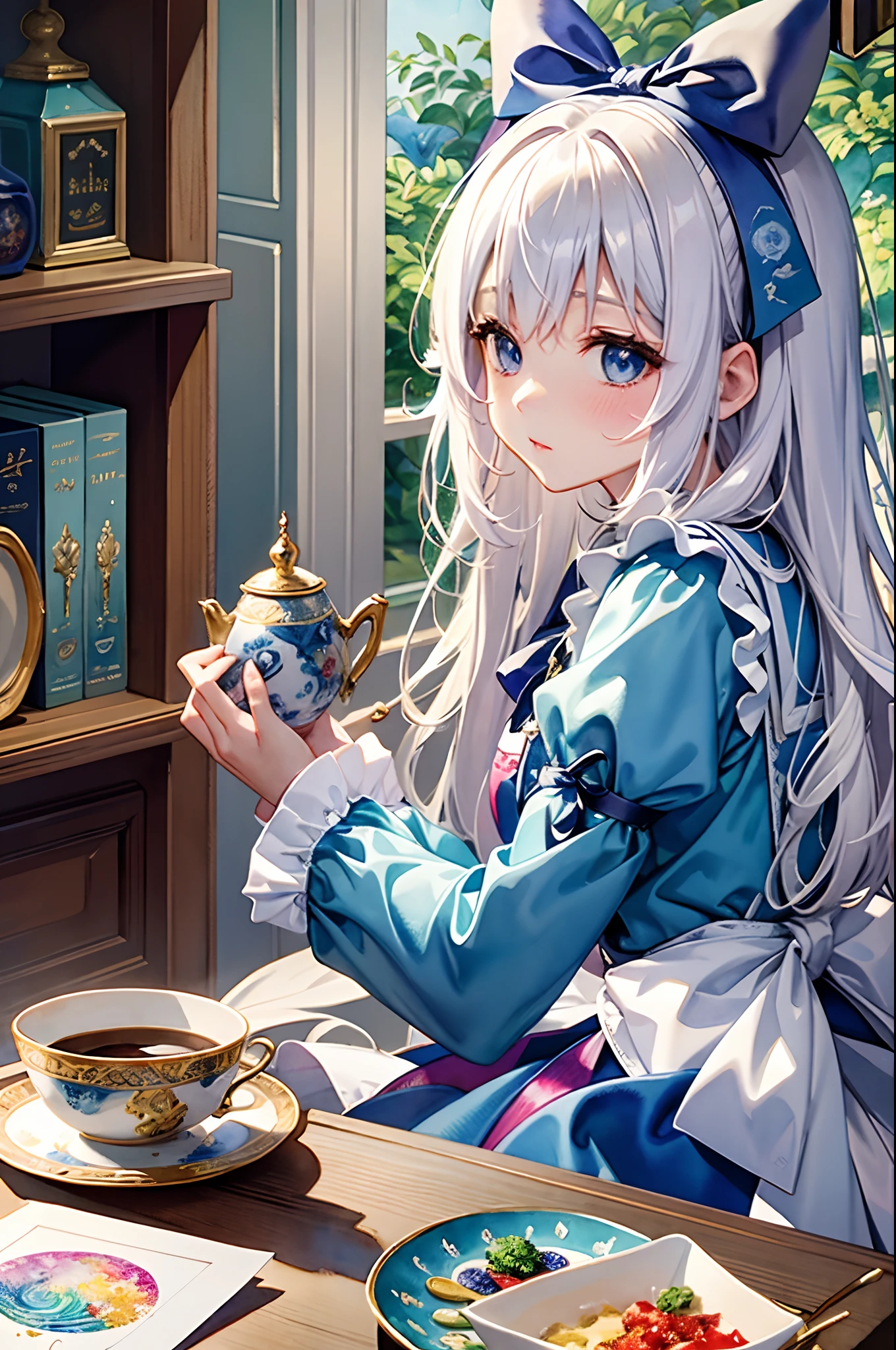 (masuter piece、top-quality、watercolor paiting、Mystical、Beautifully Aesthetic、offcial art、Impresionismo、von gogh:1.2)、(1 girl in:1.3)、(Fractal Art:1.4)、shinny skin、patterns、(alice in the wonderland:1.2)、(bunny rabbit、PlayingCards、tea cup、pocket watch:0.4)、Tie your hair with a ribbon、Blue Dress、a miniskirt、White Apron、white sock、platinum-blonde、Blue eyes、Exotic wallpapers、highly colorful、Abstract background、Fantastical