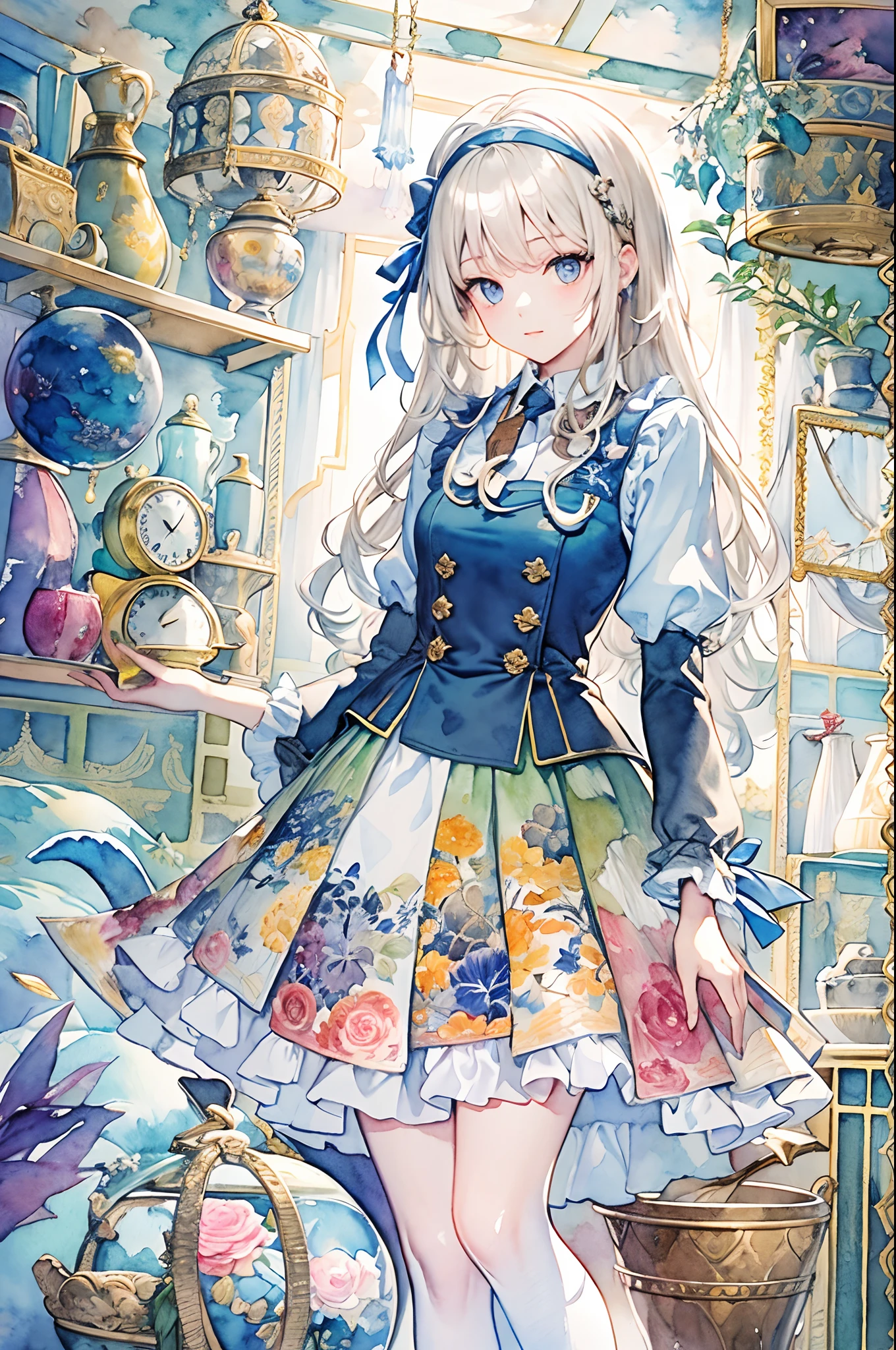 (masuter piece、top-quality、watercolor paiting、Mystical、Beautifully Aesthetic、offcial art、Impresionismo、von gogh:1.2)、(1 girl in:1.3)、(Fractal Art:1.4)、shinny skin、patterns、(alice in the wonderland:1.2)、(bunny rabbit、PlayingCards、tea cup、pocket watch:0.4)、Tie your hair with a ribbon、Blue Dress、a miniskirt、White Apron、white sock、platinum-blonde、Blue eyes、Exotic wallpapers、highly colorful、Abstract background、Fantastical