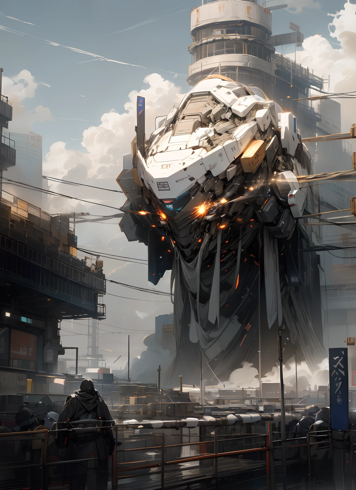 sky, clouds, holding_weapon, many_humans, glittering, The robot, Buildings, glowing_eyes, Mecca, science_fiction, daoshi, realistic, Mecca