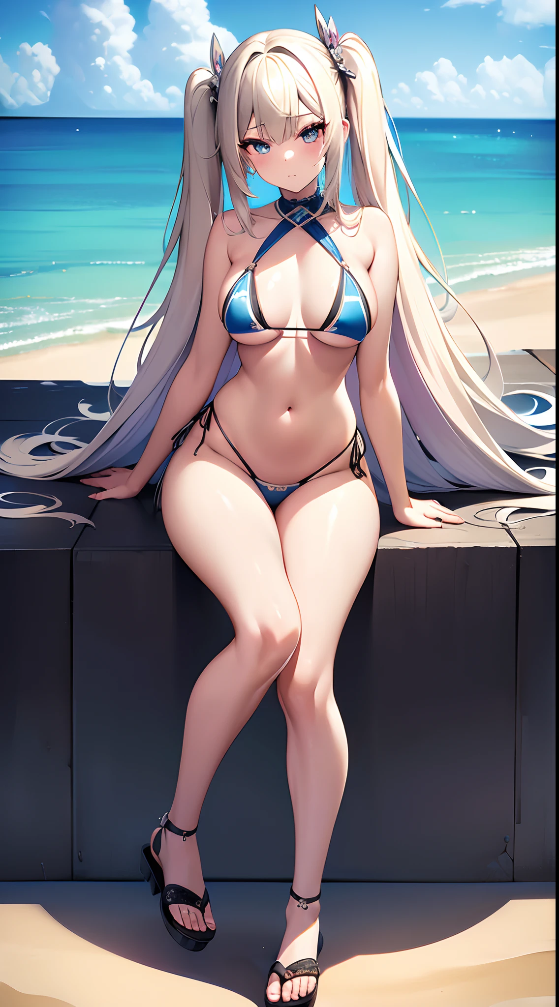 ((Best Quality)), (ultra-detailliert), ((Extremely detailed)), (Beautiful), ((Kawaii Girl)),(two side up hair)、((masutepiece)),Platinum Blonde Hair,Long hair, hair between eye, Wavy Hair, Long sideburns,Jade colored eyes, White skin,Normal Chest,Slender body,side tie bikini bottom、Sandals,in beach,One Woman,Anime