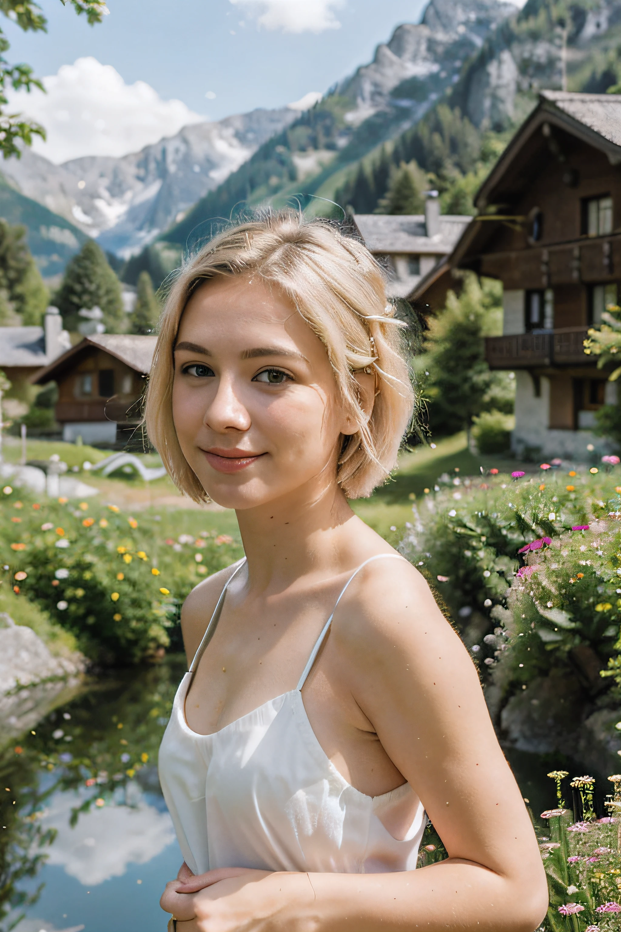 (a thin blonde girl, blonde hair, short hair, bokeh, slim, blonde, in Switzerland) (best quality, ultra-detailed, realistic:1.37), portraits, vibrant colors, soft lighting, exquisite rendering, natural scenery, mountain backdrop, green meadows, peaceful atmosphere, Alpine village, traditional architecture, colorful flowers, joyful expression, relaxed pose, sunlight filtering through trees, crystal clear lake, reflection on the water, serene and tranquil ambiance.