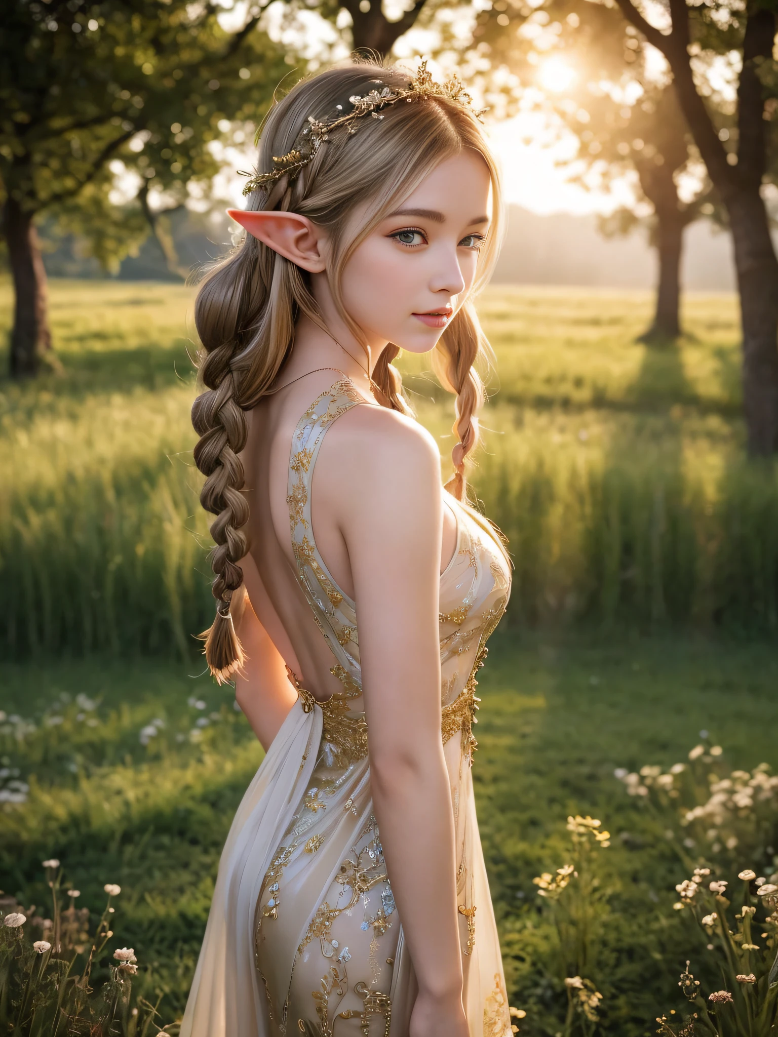 A graceful elf girl stands in a meadow, her delicate features illuminated by the soft light of the setting sun. Her long, flowing hair cascades down her back, adorned with intricate braids and adorned with sparkling jewels. This stunning painting captures the ethereal beauty of elves. Her slender figure in a silk dress sways in the soft meadow breeze. The artist's attention to detail is evident in the intricate patterns of her dress and the subtle highlights of her luminescence. skin. This breathtaking depiction of an elf girl exudes a sense of enchantment and transports the viewer to a magical world. The beautiful elf magician is awe-inspiring as she holds a magician's staff, uses fireball magic, and is about to defeat the Demon King with explosion magic.