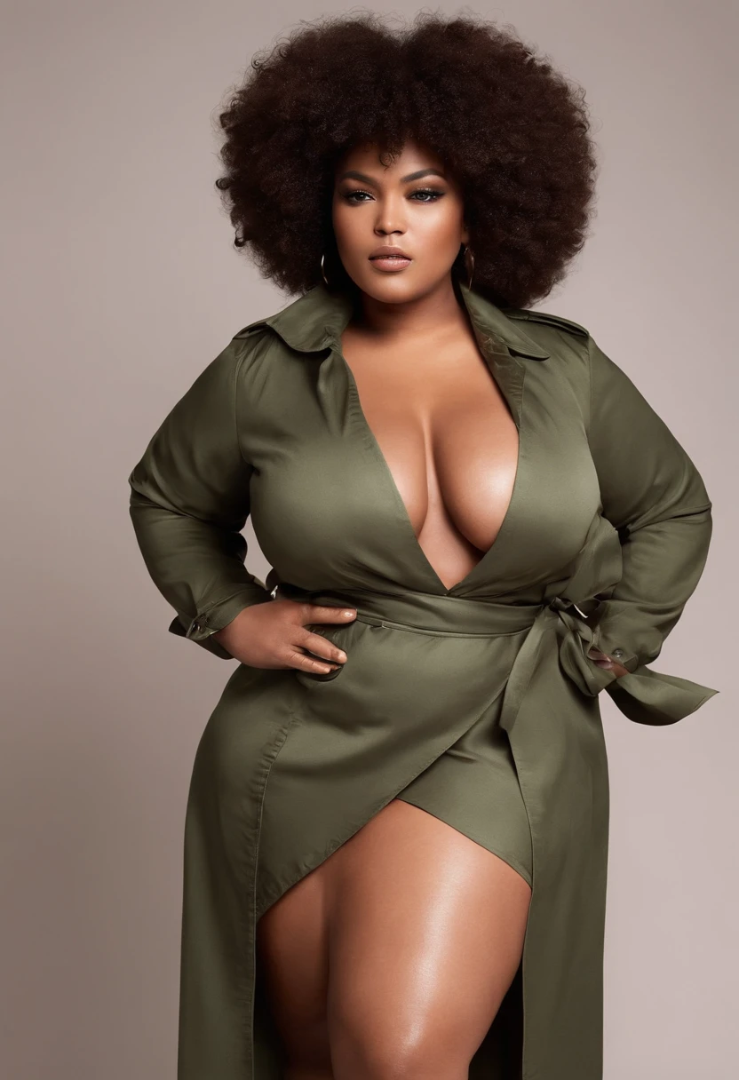 I would like a photograph of a Plus size Mulata and curly afro hair and military cut, with dark skin tone, totally naked showing details of the waxing of her vagina