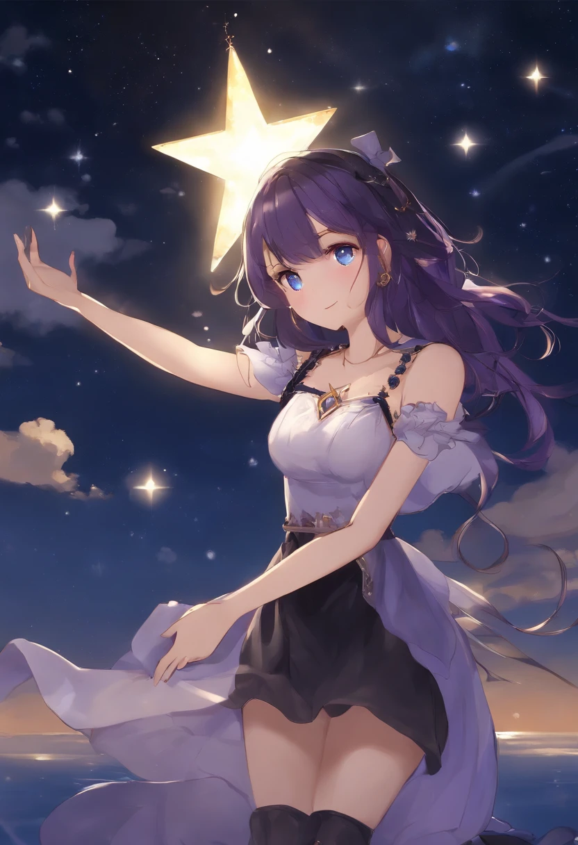 Girl, Located in the corner, Looking at the sky, Solo, Mona (Genshin Impact), choker necklace, hair between eye, Star (symbol), Long hair, Dark purple hair, double tails, Blue eyes, Shining eyes, jewelry, witch, maid, bangs, purple black dress, Purple skirt, White apron, landscape, Night sky, Star (sky), Starry sky, Night, En plein air, Clouds, Reflection, water, magic, tarot, Water magic, ((beautiful golden crystal star)), space, Water droplets, Splash