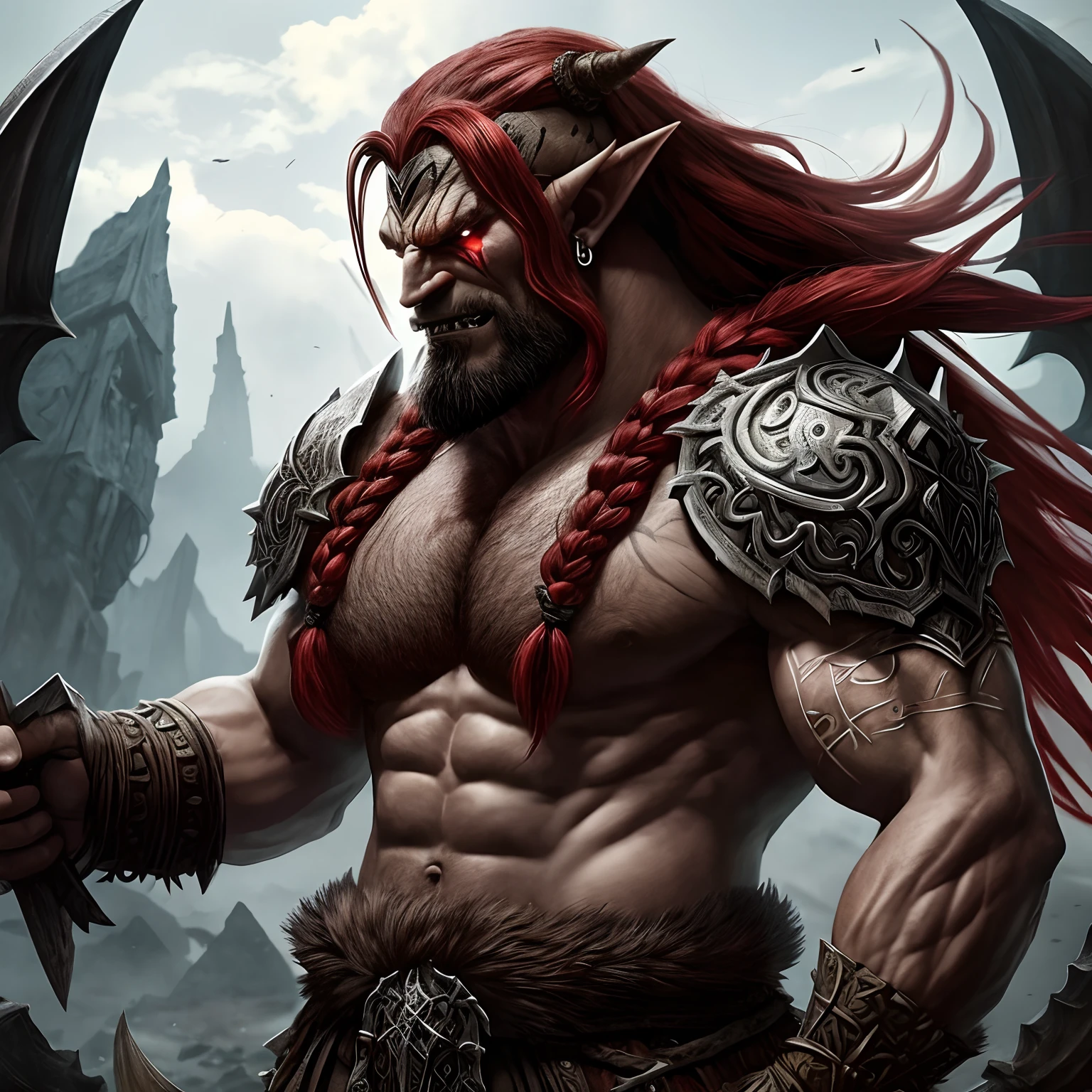 Berserker, Barbarian Orc, Arte de Fantasia, of his gaze alone enemies beginning to panic, one head, devilish smile, besta do inferno, demonio, White Fire Sky, guerreira, com foice e escudo, Lindo, orcs, Werelion, Long red braided hair, olhos dourados brilhantes, realista, altamente detalhados, Motor irreal, 8k de luxo